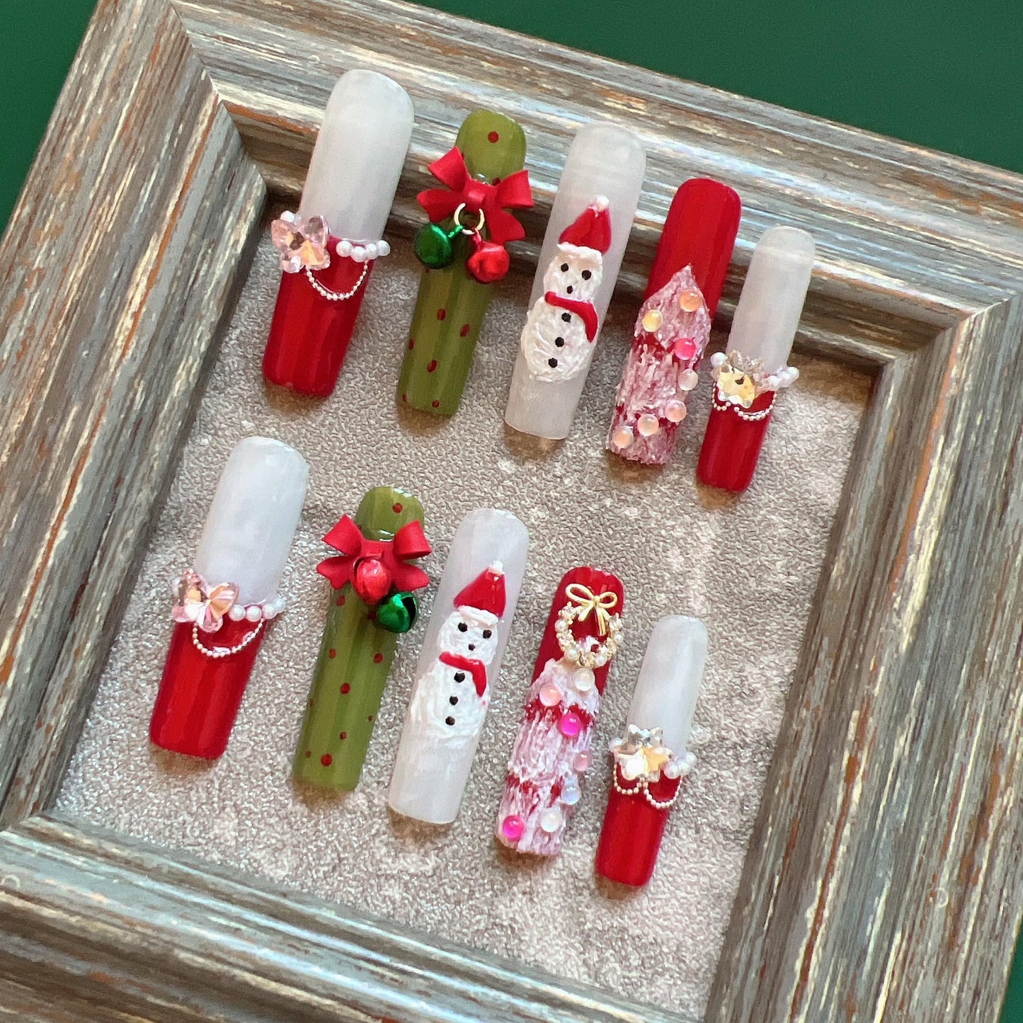 NAIL ANGEL 10PCS/SET Glamorous Handmade Press On Nails Christmas Xmas Holiday Bell Snowflake French Style Long Coffin Nails Party Nails XXL Long Artifical Tips ZJ14 (ZJ14, M)