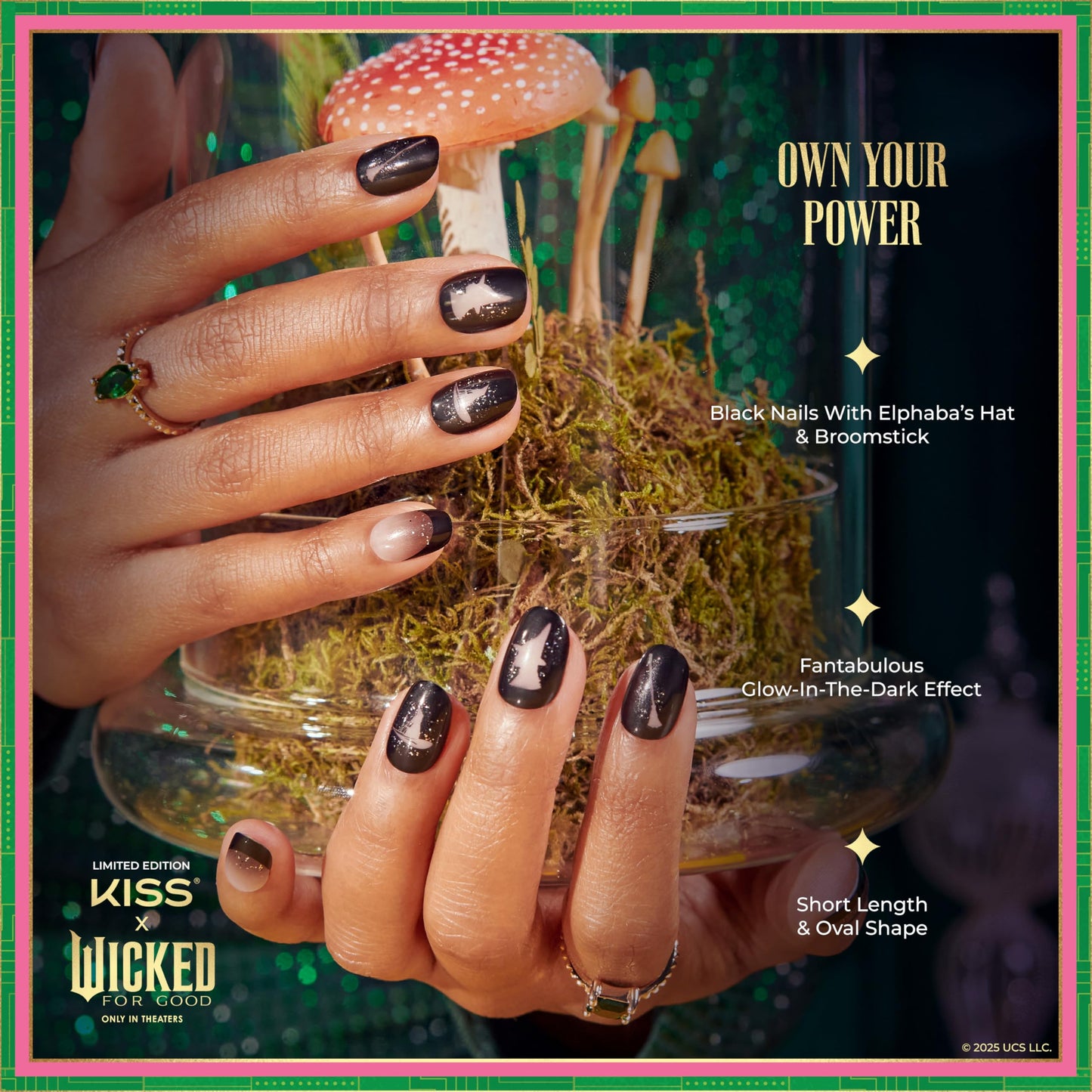 KISS X WICKED: FOR GOOD Press On Nails, ‘Own Your Power’, Black, Short Oval, Waterproof, Chip Proof, Smudge Proof, 28 Fake Nails, Pink Gel Nail Glue (2g), Mini Nail File, & Manicure Stick