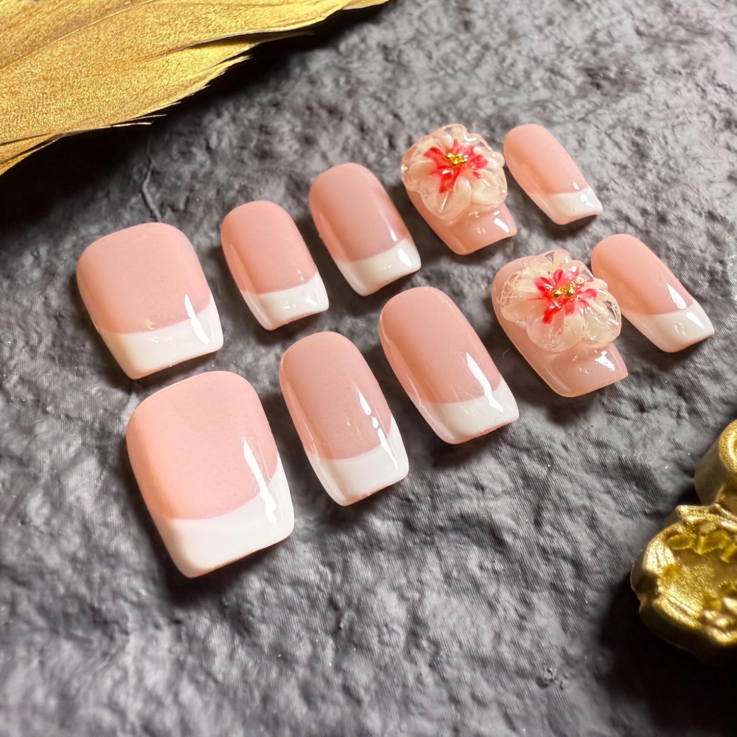 Handmade Press On Nails Square short m Soft Blossom French Handmade Nails 3d Floral Reusable Wedding Prom And Festival Gift Photograph Handmade Acrylic Press On Nails (Medium)