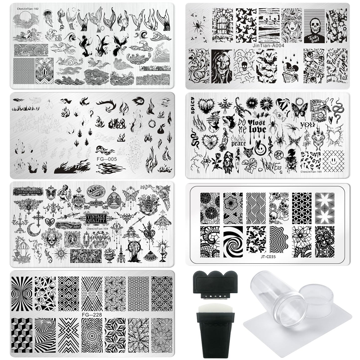 AddFavor Nail Stamping Plate Kit with Nail Stamp and Scraper, 6pcs Fire Skull Nail Stamper Kit for Home Salon Manicure Polish Print Stencils Design Tools