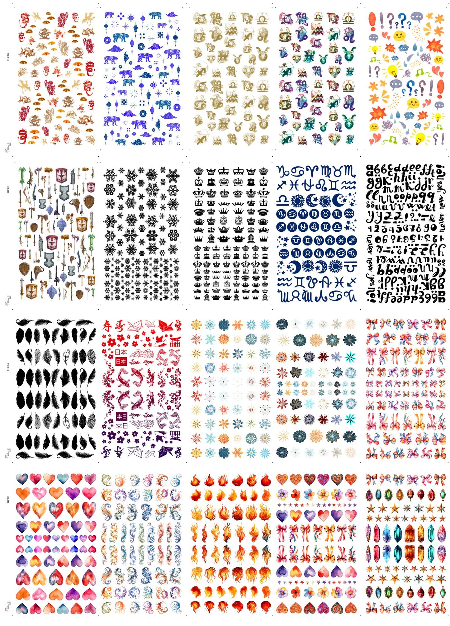 Ornament Heart Ribbon ~ 20 Sheets Nail Stickers ~ Hearts Ribbons gems Zodiac Symbols Stars and Decorative Motifs Creating Vibrant Festive Manicure Styles and Playful Expressive Nail Art Designs