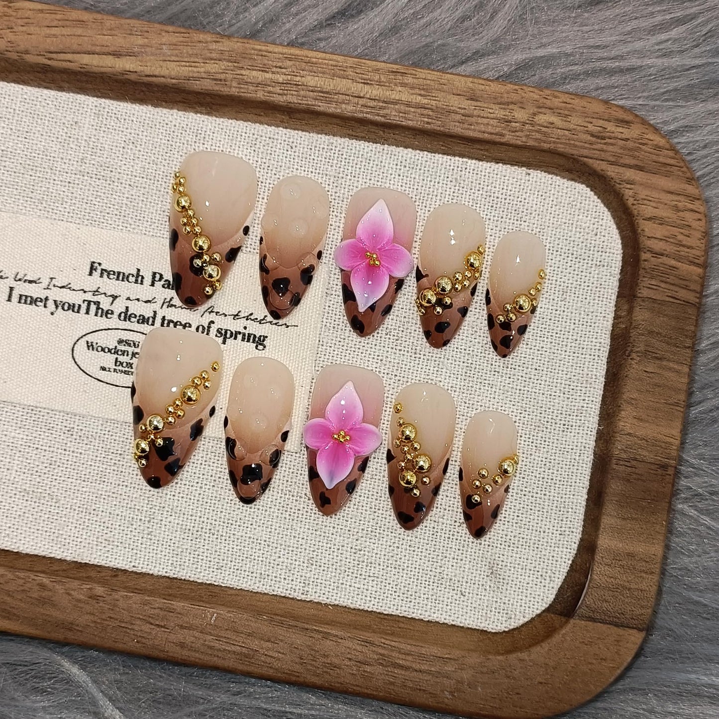TENPAL 10-Piece Almond Press-On Nails Kit,Sexy Leopard French Tips Fake Nails with 3D Gold Beads & Pink Flowers,Brown Y2K Nails for Women, Edgy Yet Cute Daily Wear False Nails with All Tools(L)