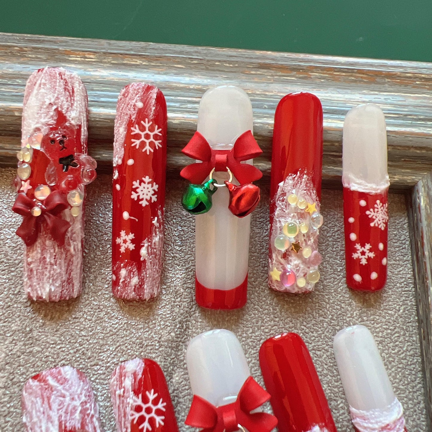 NAIL ANGEL 10PCS/SET Glamorous Handmade Press On Nails Christmas Xmas Holiday Snowman Bell Snowflake French Style Long Coffin Nails Party Nails XXL Long Artifical Tips ZJ-13 (ZJ13, M)