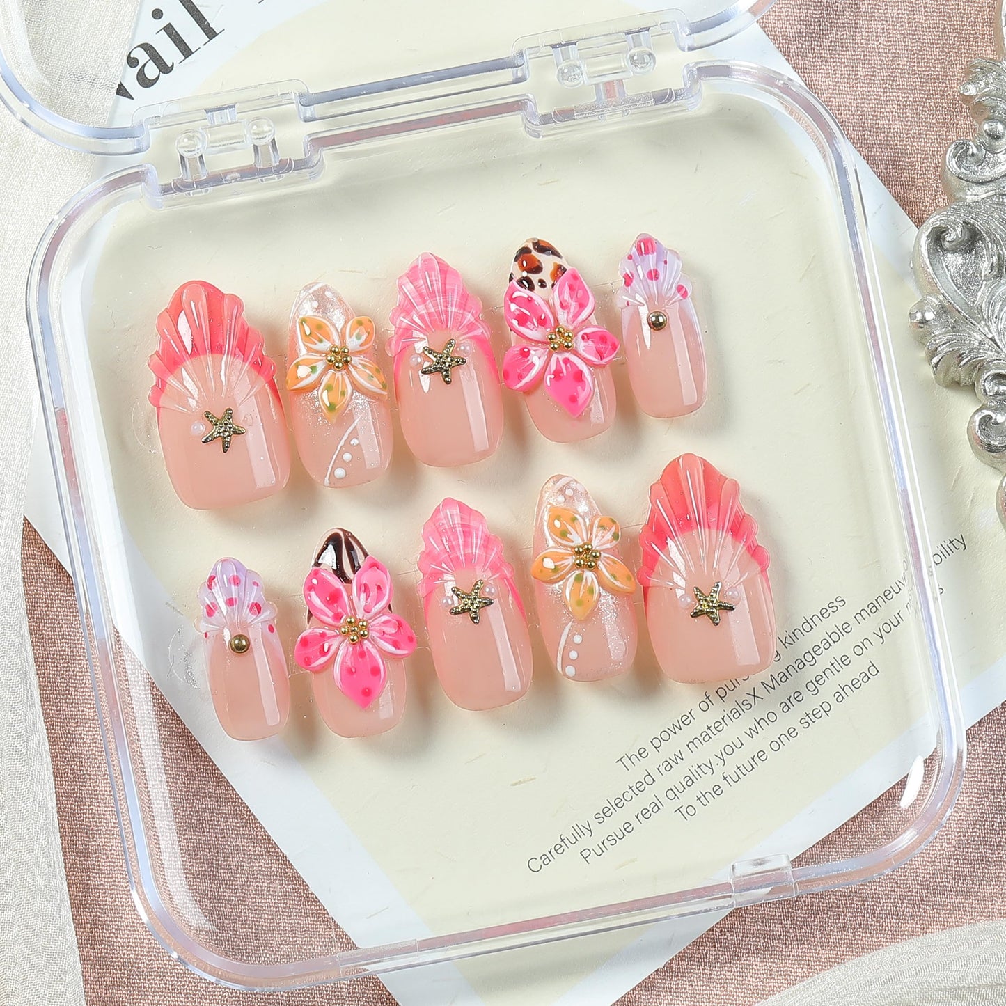 Appife Acrylic y2k Sweet Pink Press On Nails with Red French Tips, Handmade 3D Flower Tropical Shell Almond Fake Nails with Starfish Charms & Floral Art, Beach Vacation Nail Tips