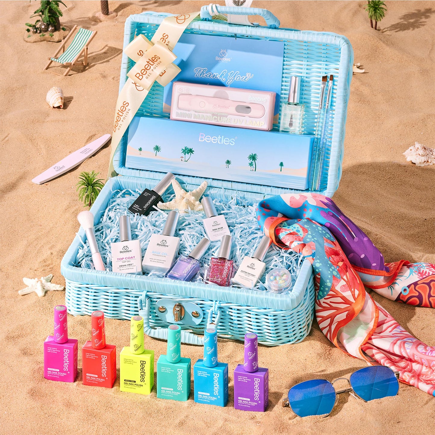 Beetles Cat Eye Press On Nails Short Almond, 32pcs 16 Sizes, Glue and Tabs, HEMA and TPO Free, Rose Glow & Neon Gel Nail Polish Set, Summer Colors with Mini LED Lamp, Base & Top Coat