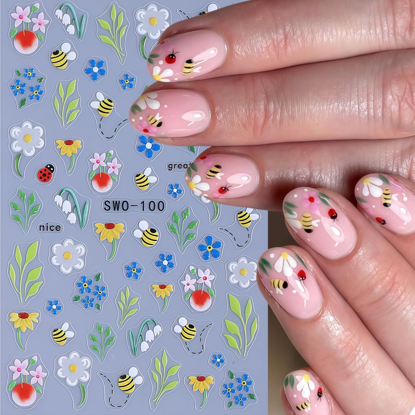 4 Sheets Flower Bee Stickers for Nail Art Spring Summer Floral Nail Art Stickers 5D Embossed Self-Adhesive Nail Decals Green Leaf Cherry Fruit Pattern Nail Design Candy Ice Cream Nails Decor for Women