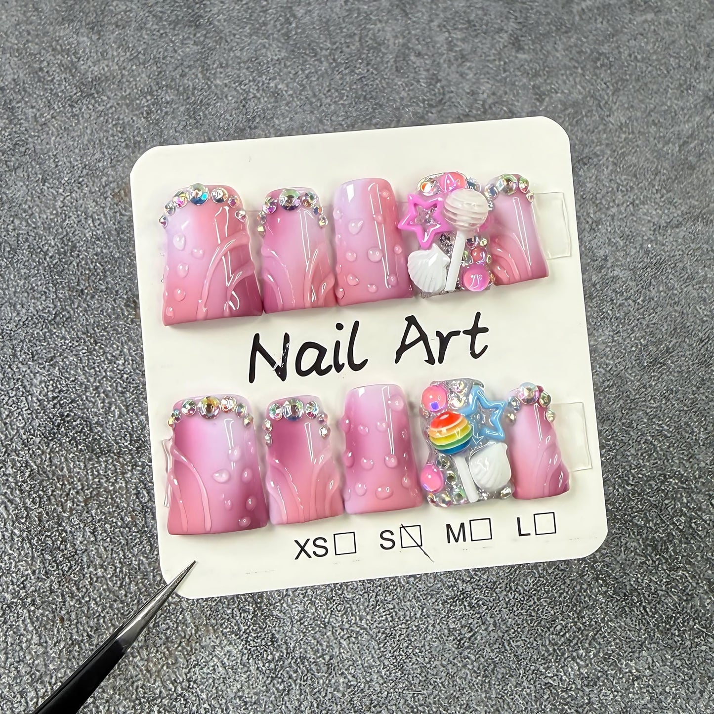 Handmade 3D Nail Art Press Ons Homemade Press On Nails French Tip With 3D Pink Star Flower Design Fake Nail For Women M