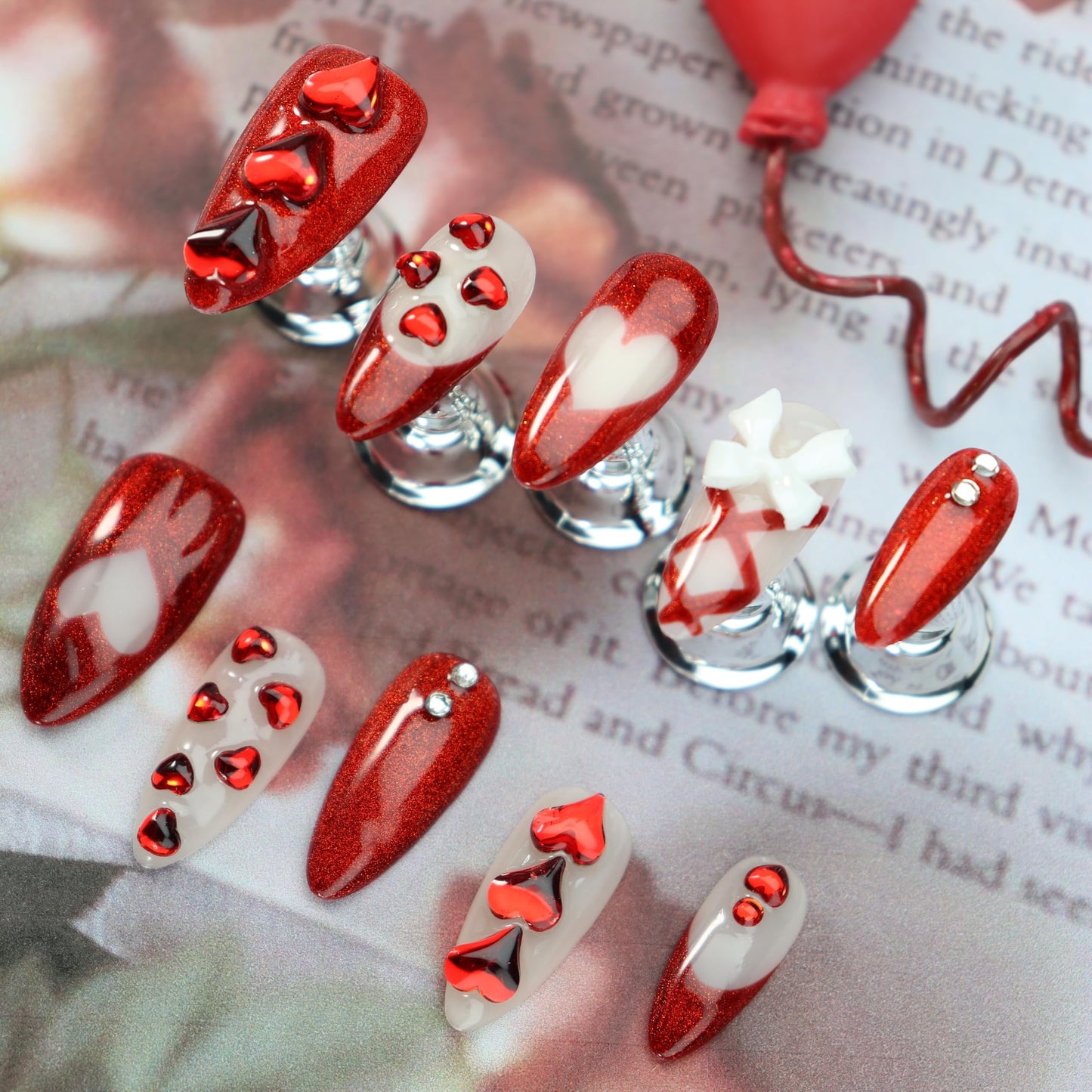 Almond Press on Nails Handmade Medium Long/Stiletto 3D Flower Fake Nail with Designs, Women Reusable False Nails (Glitter Red, S)