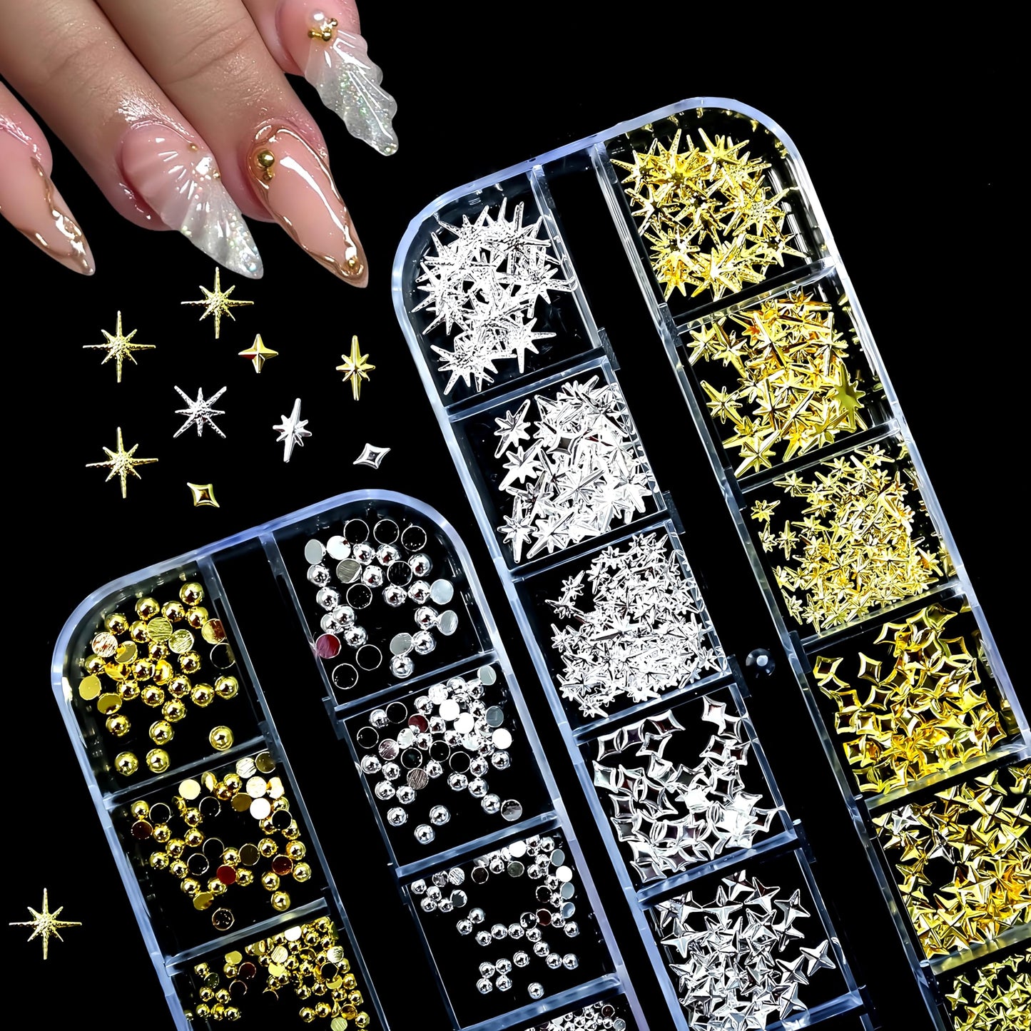 2Box Star Nail Charms for Nails Art 3D Gold Star Nail Charms Metallic Silver Studs Rhinestones Stars Nail Jewelry Decorations Small Round Caviar Beads Nail Supplies for Women Acrylic Manicure Salon