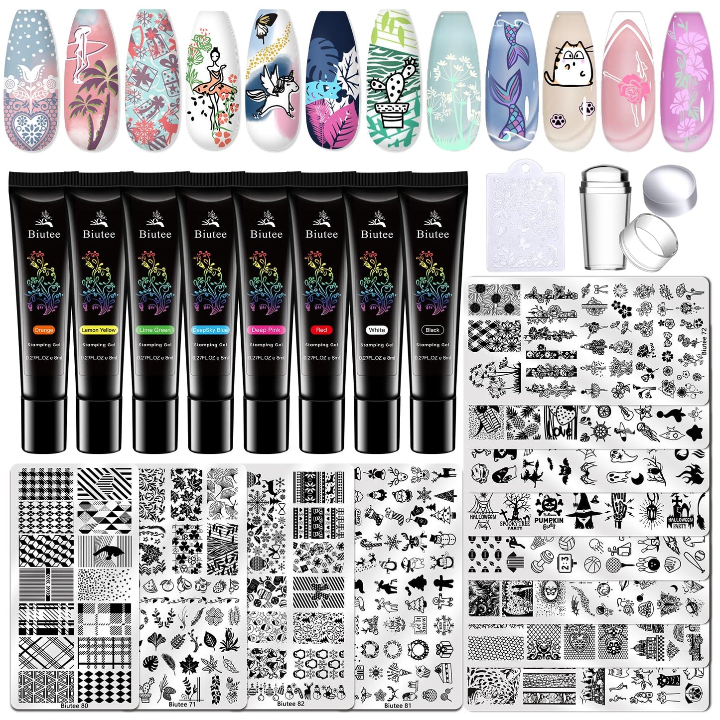 Biutee Nail Stamper Kit 22Pcs Gel Nail Stamping Kit 12Pcs Nail Stamping Plates 8Pcs Stamping Polish Gel, Silicone Stamper Scraper Flower Lace Star Stripe Holiday Stamp Template Gift for Women