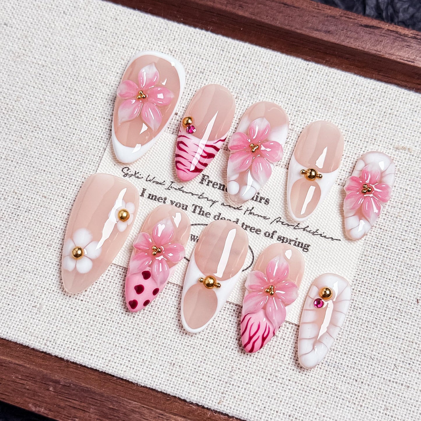 10PCS Pink Floral Press-On Nails - 3D Romantic Spring Blossom Nails, Nude & Pink Girly Elegant Pastel Flower Acrylic UV Gel Fake Nails for Women (Pink, XS)