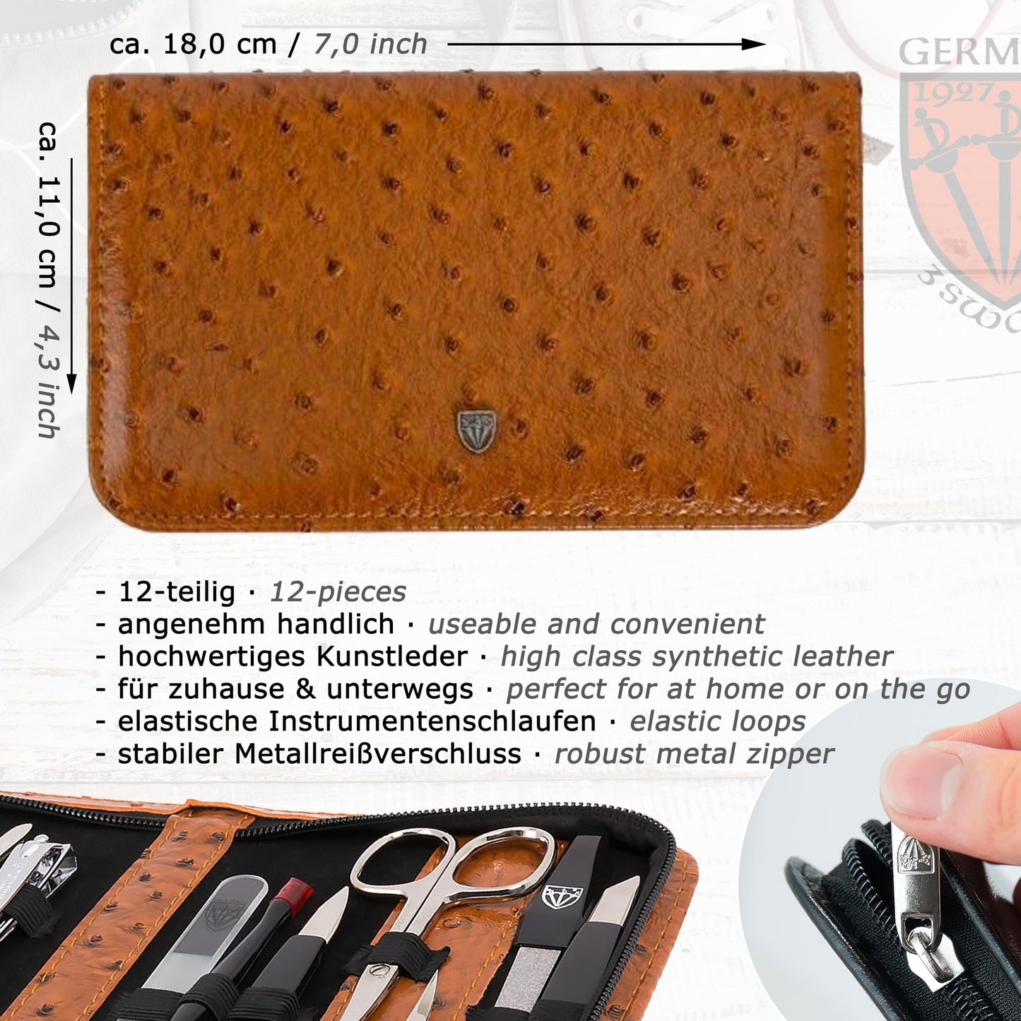 3 Swords Germany – brand quality 12 piece manicure pedicure grooming kit set for professional finger & toe nail care with ostrich synthetic leather case - Made in Germany