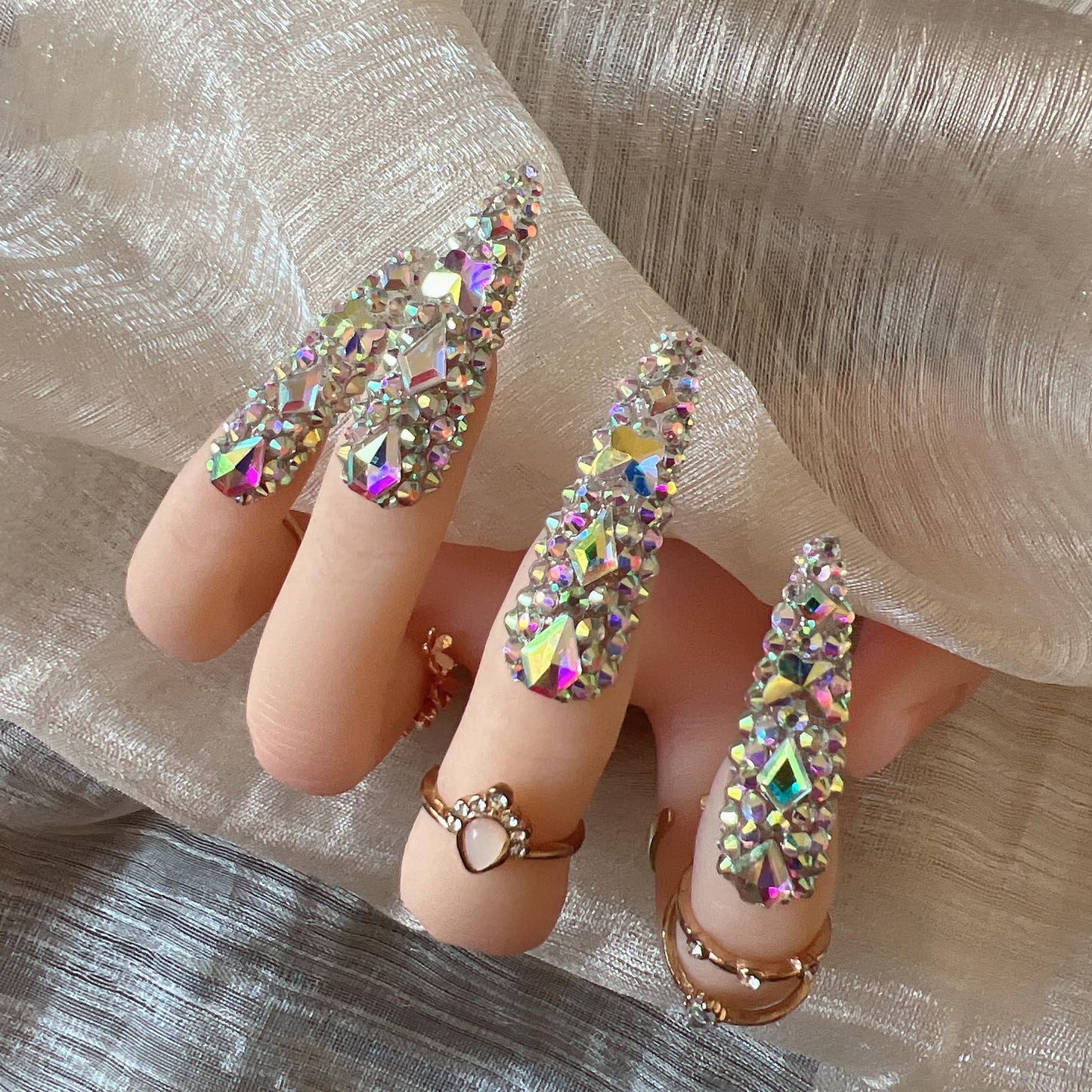 NAIL ANGEL 10PCS/SET Glamorous Handmade Press On Nails Full AB Rhinestones and Gems French Style Long Point Nails Party Nails XXL Artifical Tips ZJ21 (ZJ21, M)