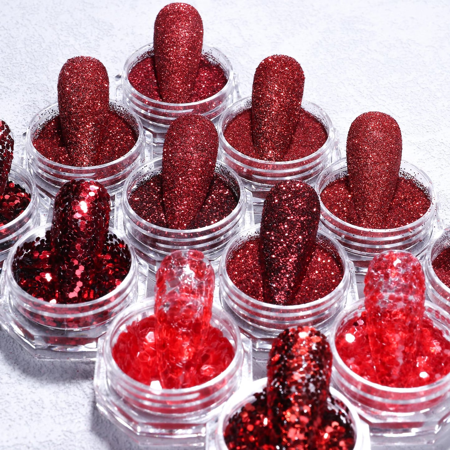 New Year Red Nail Art Glitters Nail Sequins 12 Boxes Holiday Nail Glitter Flakes 3D Red Series Hexagon Sugar Designs Nail Art Decoration Dipping Powder for Nails Supplies DIY Craft Accessories