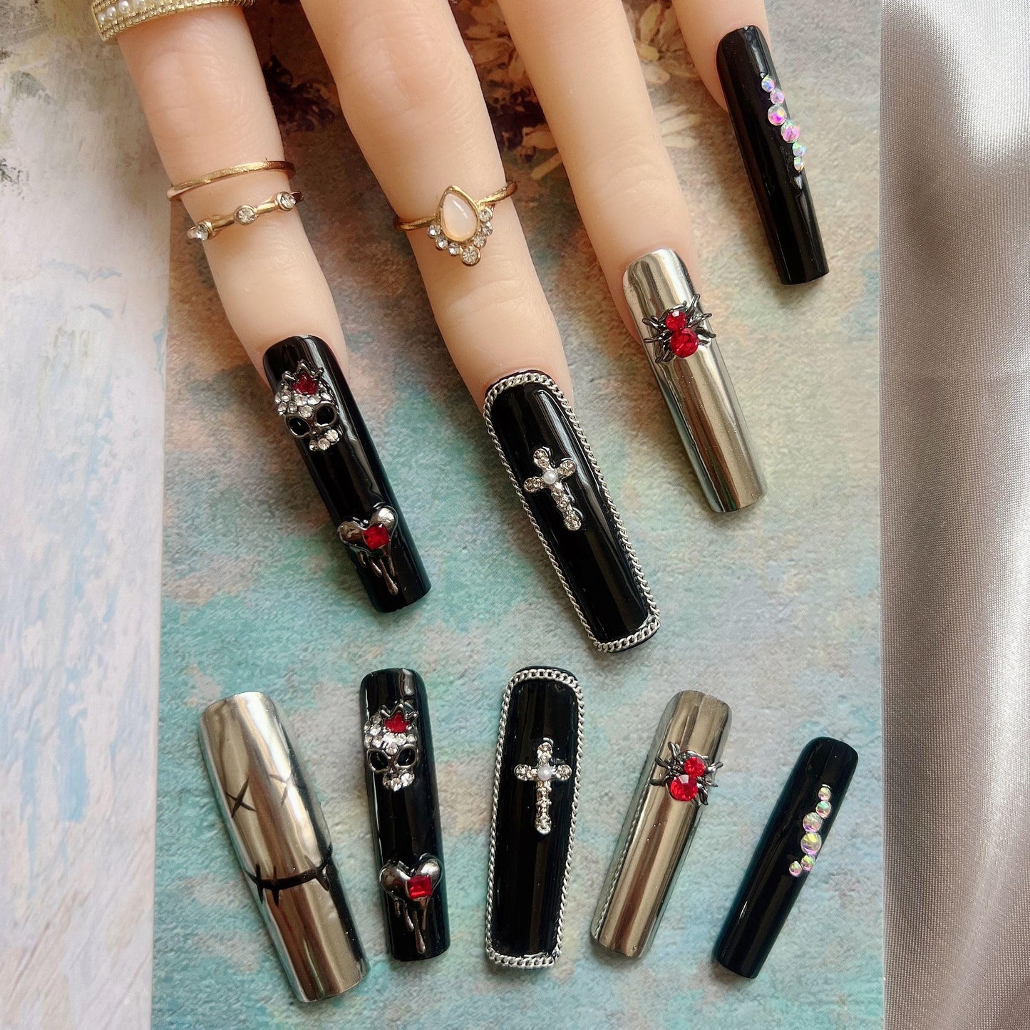 NAIL ANGEL 10PCS/SET Glamorous Handmade Press On Nails Dark Metal 3D Cross Spider Charms Red French Style Long Coffin Nails Party Nails XXL Long Artifical Tips ZJ-12 (ZJ12, S)