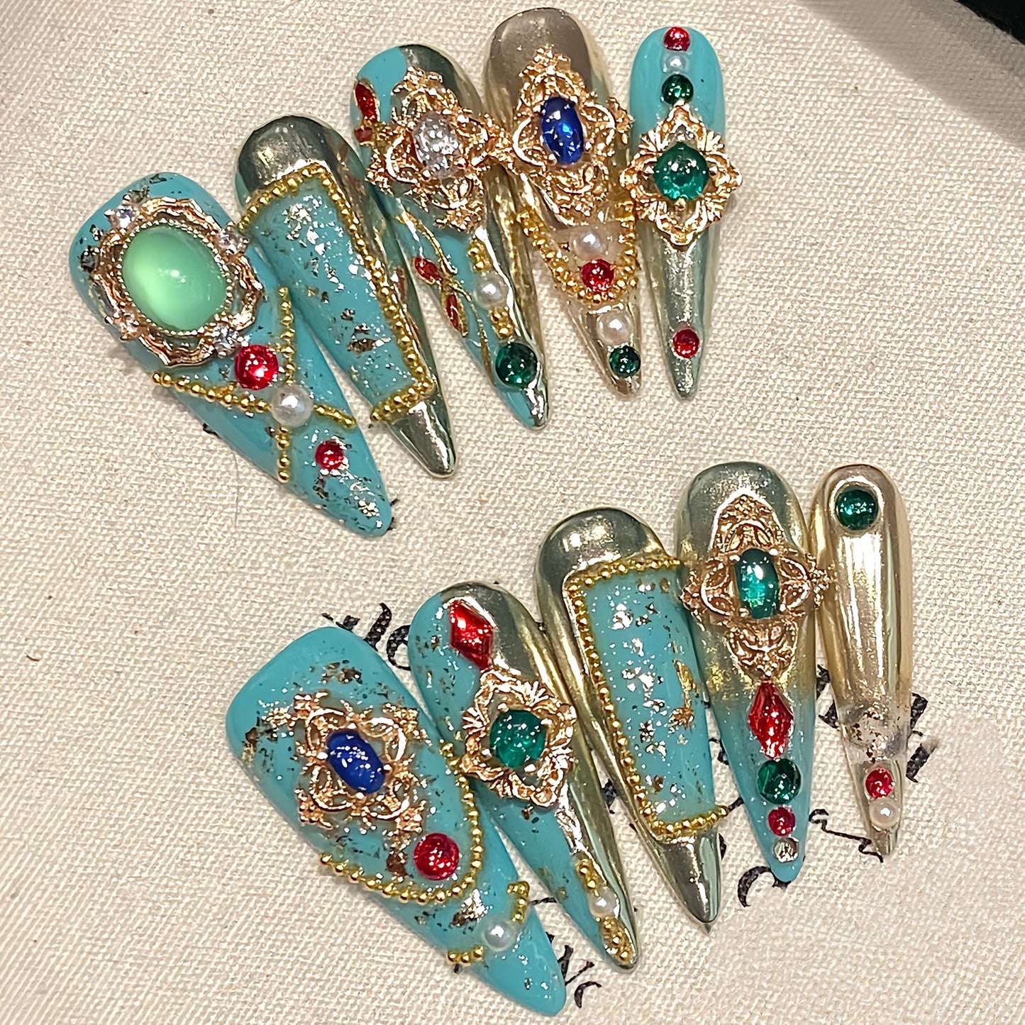 Luxury Press on Nails 10Pcs – Handmade Turquoise Gemstone Nails with Pearls & Rhinestones – Long Coffin Acrylic False Nails with Gold Foil – Jeweled Bling Fake Nails for Party Wedding