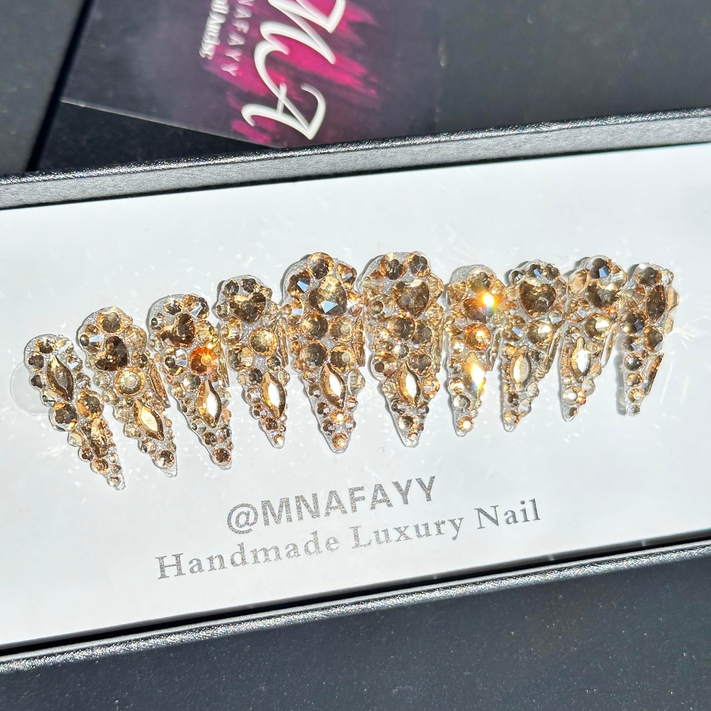 MNAFAYY Luxury Gems 100% Handmade Nails Gold Long Stiletto Press On Nails Full Cover 3D Rhinestone Crystal Gorgeous Reusable UV Finished Fake False Nails Acrylic Nail Kit With Box Gifts for Women S