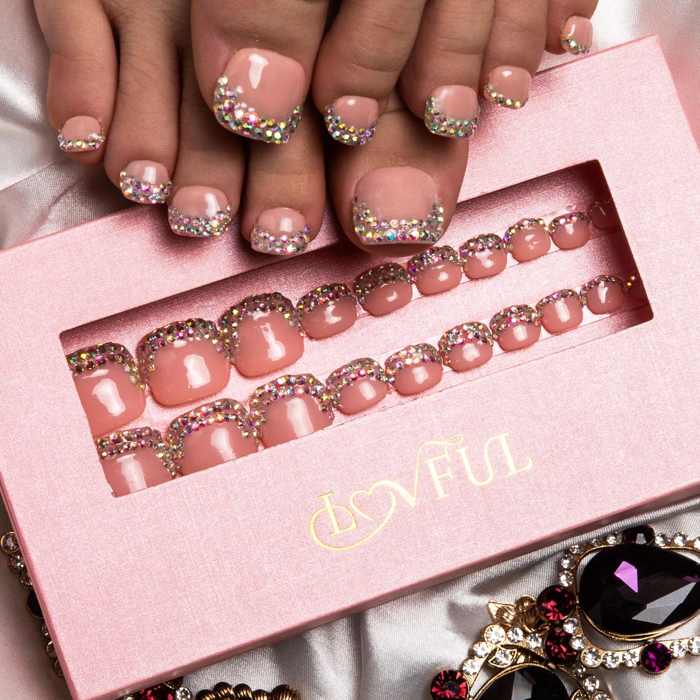 LOVFUL Handmade Acrylic Press on Toenails Nude French Tip Rhinestone | Salon Quality 20 PCS Free Size Toe Nails | Reusable Fake Nails for Toe | T48