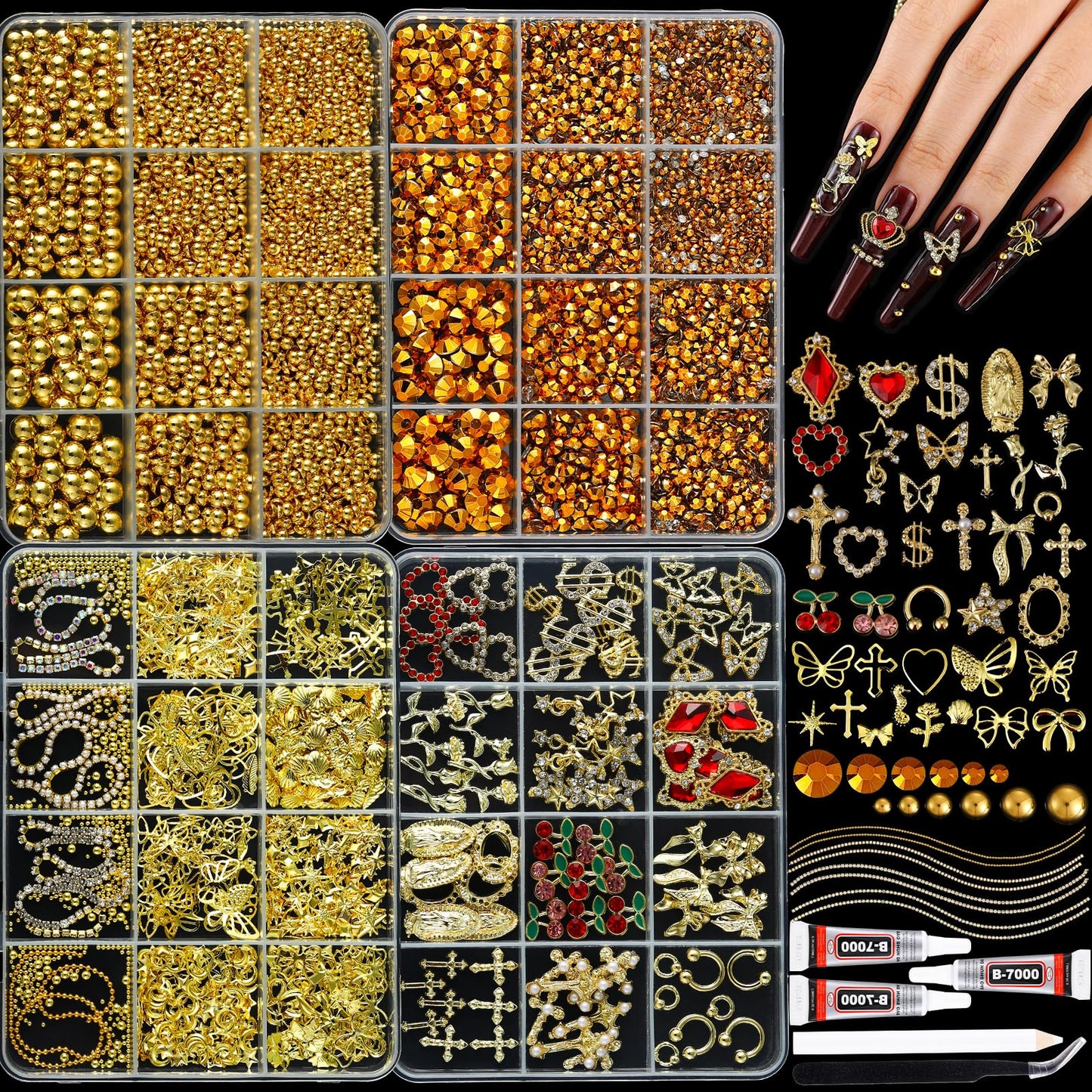 LERBOU Gold Nail Charms and Gems Set, 4 Boxes DIY Nail Decorations Kit, Gold 3D Cross Flowers Nail Art Charms, Champagne Rhinestones Gems Charms Y2K for Nails, Cool Punk Style Nail Charms