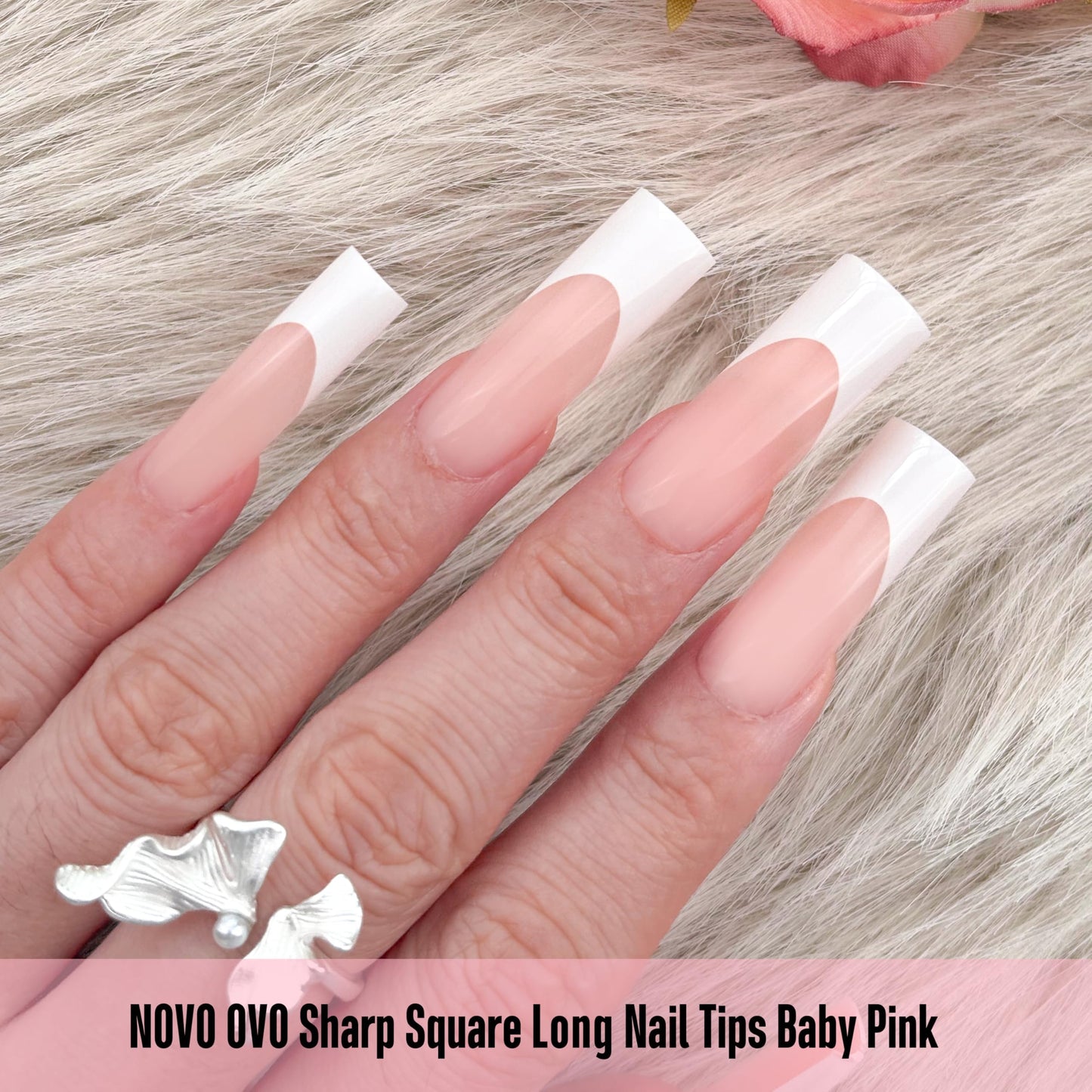 NOVO OVO Long Sharp Square White French Tip Nail Tips Press on BABY PINK, Extra Thick NEED Builder Gel & Top Coat & Glue, Soft Gel full Cover False Fake Nail Extension for Salon DIY x 15 Sizes 180 pc