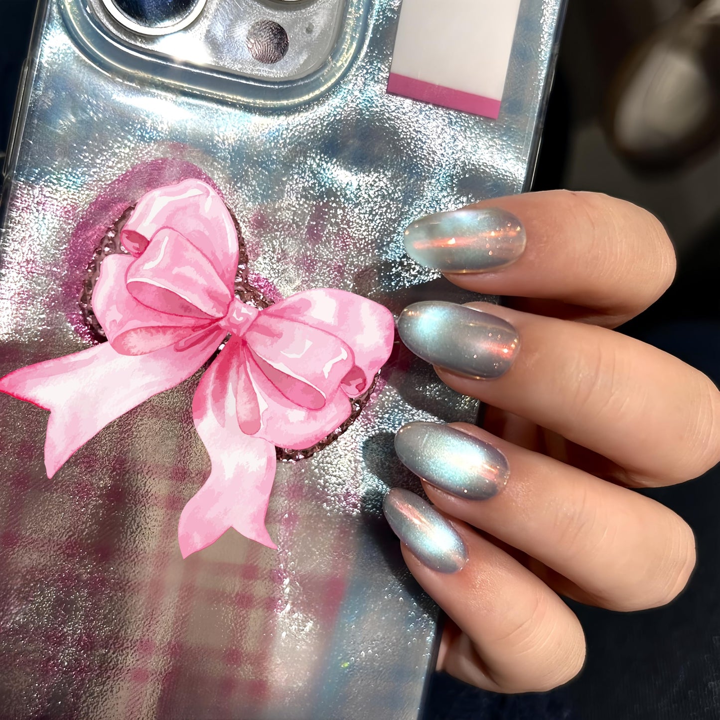 Cat Eye Press on Nails Handmade Short Oval/Square/Round False Nails with French Tip/Aurora/Magnetic Shimmer Designs (Aurora#Sunset River, Small)