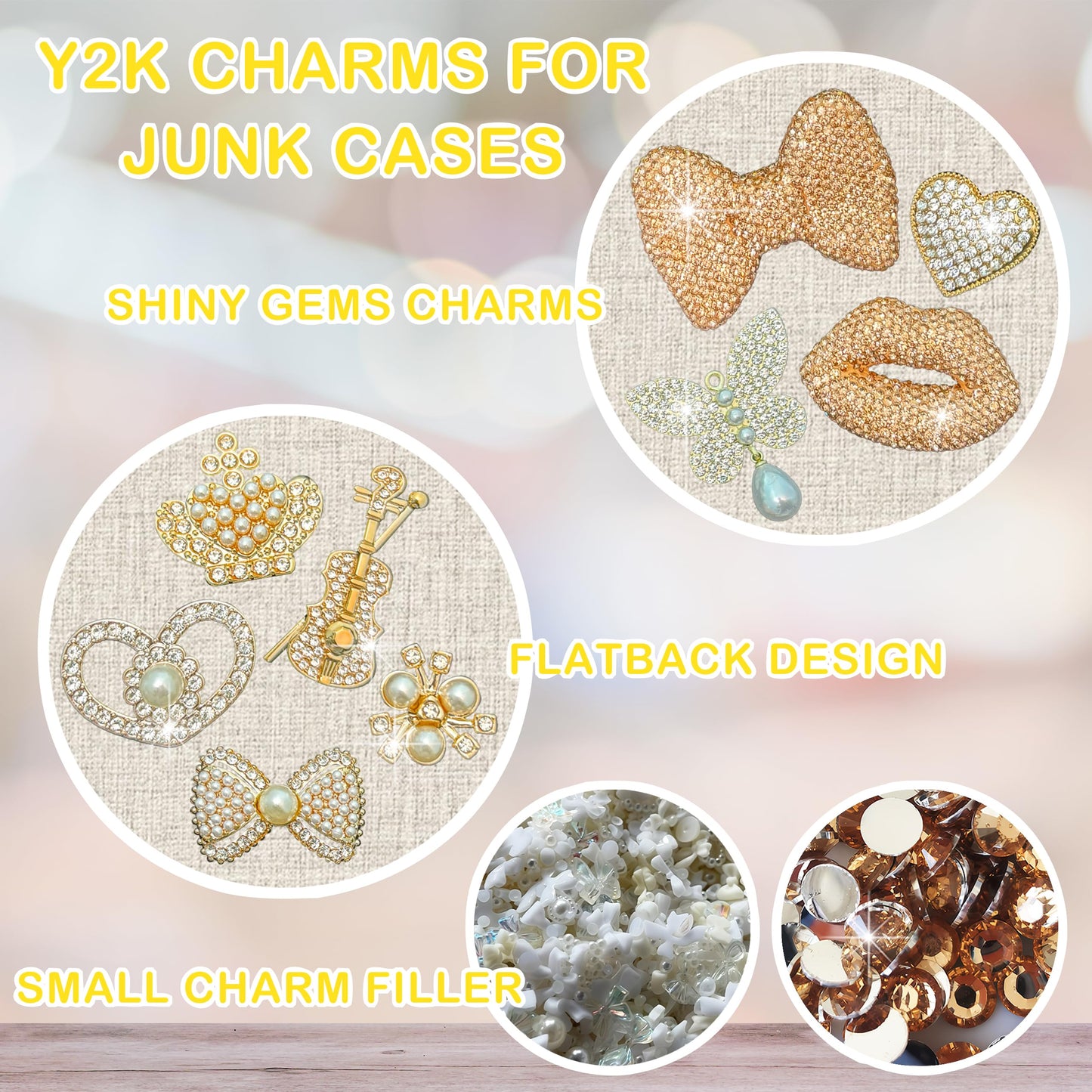Champagne Gold Junk Case Charms Kit Junks Phones Cases 3D Pearl Butterflies Rhinestone Lips Bows Chain Bags Hearts Crowns Violins And Other Bedazzling Can Be Used In DIY Phone Case Designs
