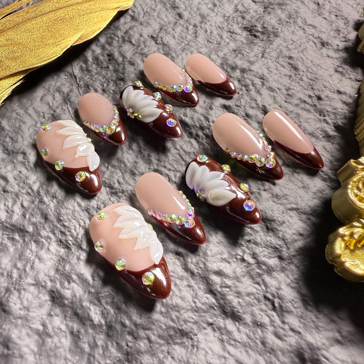 Handmade Press On Nails Almond Medium Elegant Cherry Red French With Rhinestone Detail Handmade Nails 3d Dloral Reusable Wedding Prom And Festival Acrylic Press On Nails (Short)
