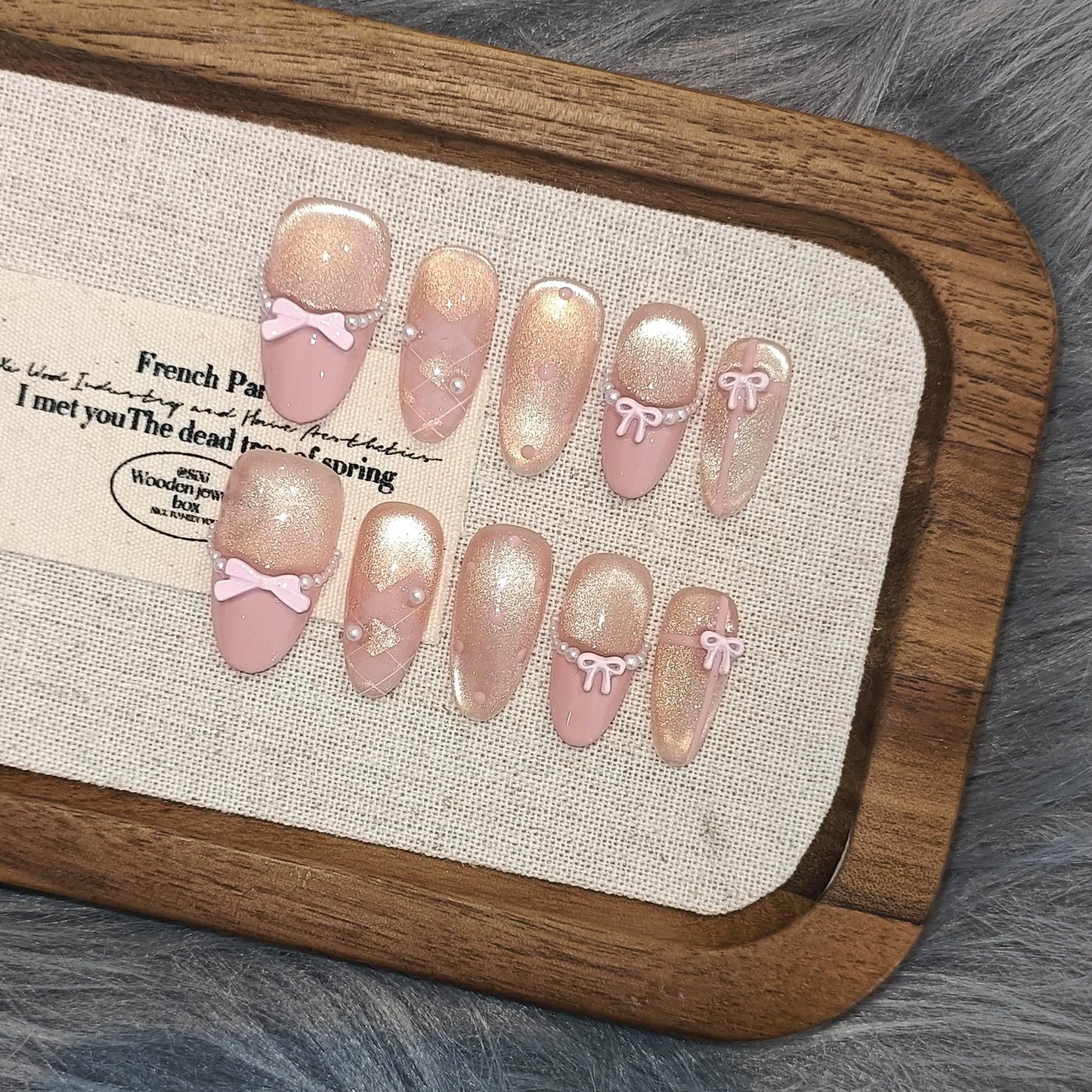 TENPAL Cute Sweet Handmade Press on Nails Almond,Ballet Butterfly Cat Eye Nude Pink Ombre French Tips Fake Nails with Tools, Reusable Spring Polka Dot Bow Pearl False Nails for Women 10pcs(M)
