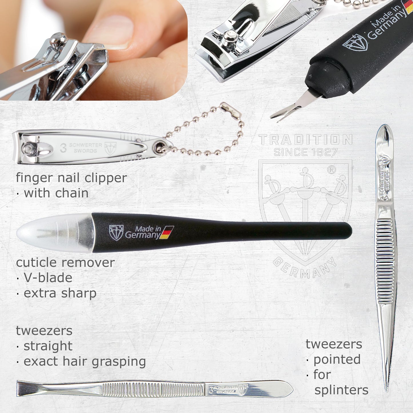 3 Swords Germany - Brand Quality 7-Piece Manicure kit with Rainbow Nail Buffer and Many More Tools in Black Artificial Leather case