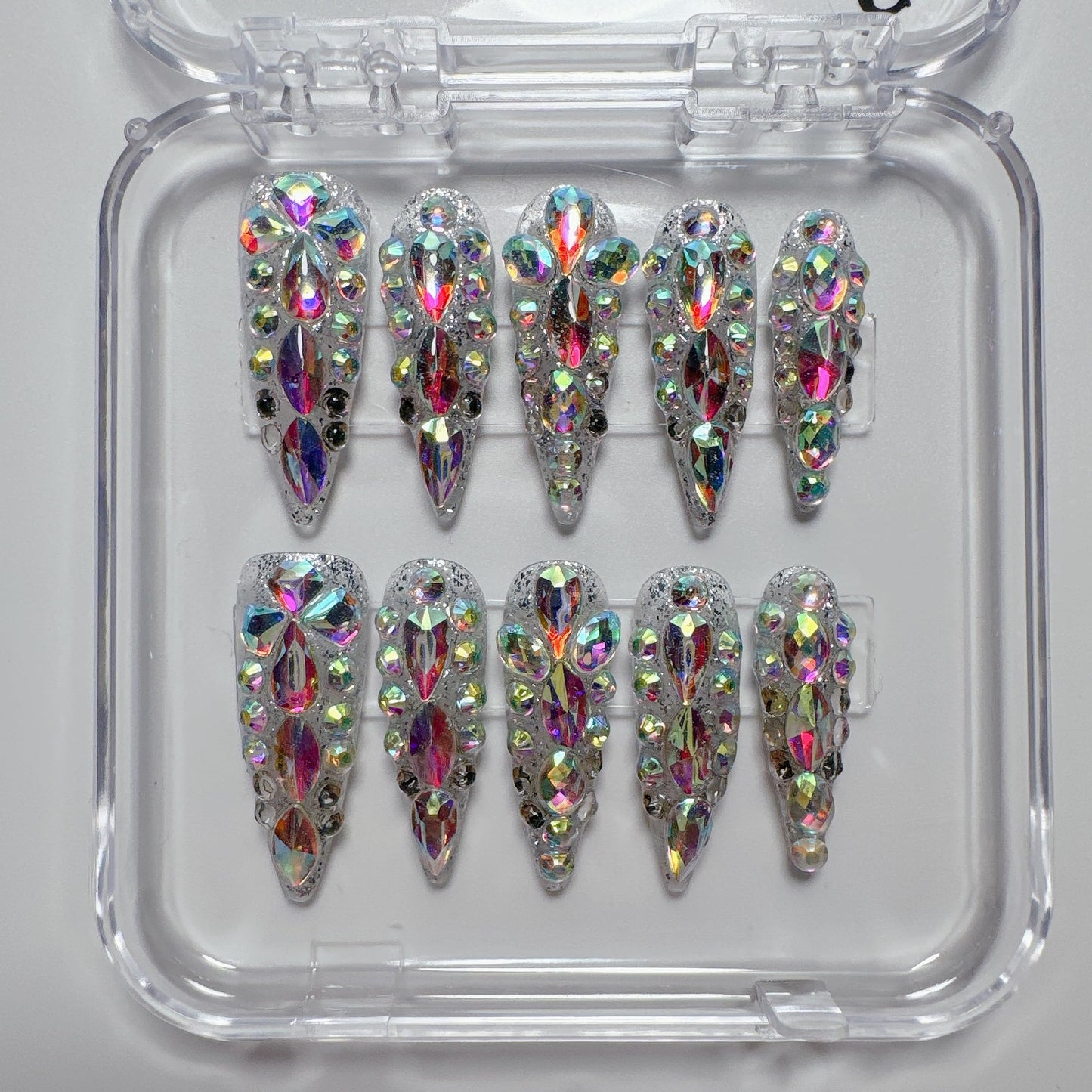 NLSJMP 3D Handmade Long Stiletto Press on Nails Almond Acrylic Fake Nails Kit,Rhinestone Luxury glitter Design Nail Art Kit,Reusable False nails,Include Toolkit,10Pcs,Size S,#986