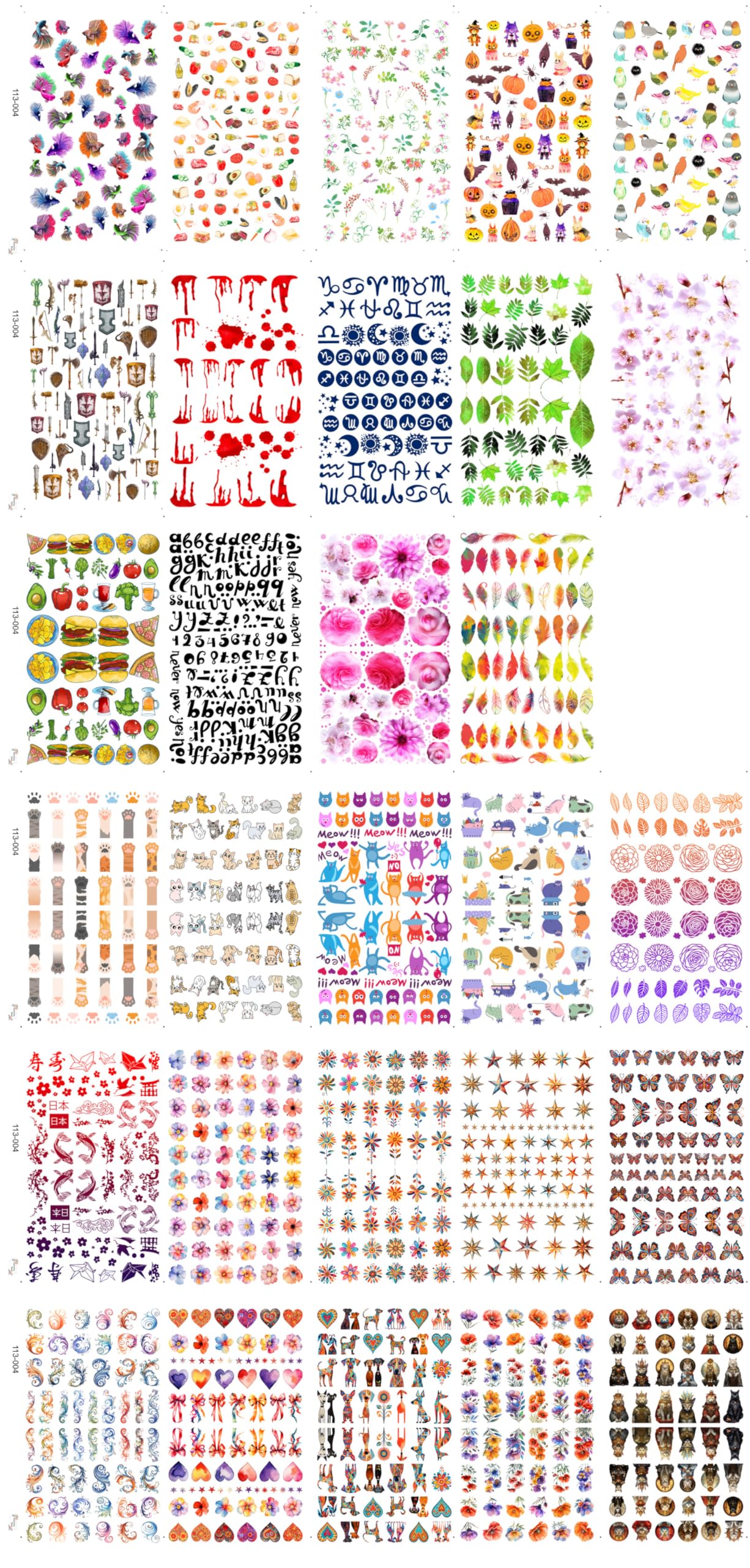 30 Sheets Nail Stickers Collection ~ Dark Floral Fantasy ~ Rich Flowers Hearts Bows Animals and Ornamental Motifs in Colorful Illustrative Style Creating Elegant Moody Manicure Decals