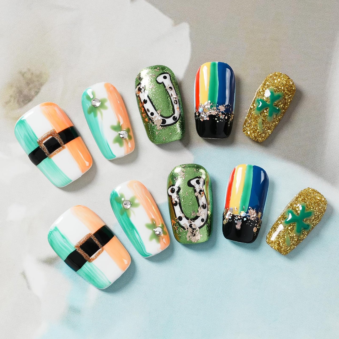 Tesytto Medium Square Press on Nails - Irish Flag Green White Orange Nails with Lucky Shamrock & Belt Design, Rainbow & 3D Gold Glitter Spring Summer Fake Nails (Size S)