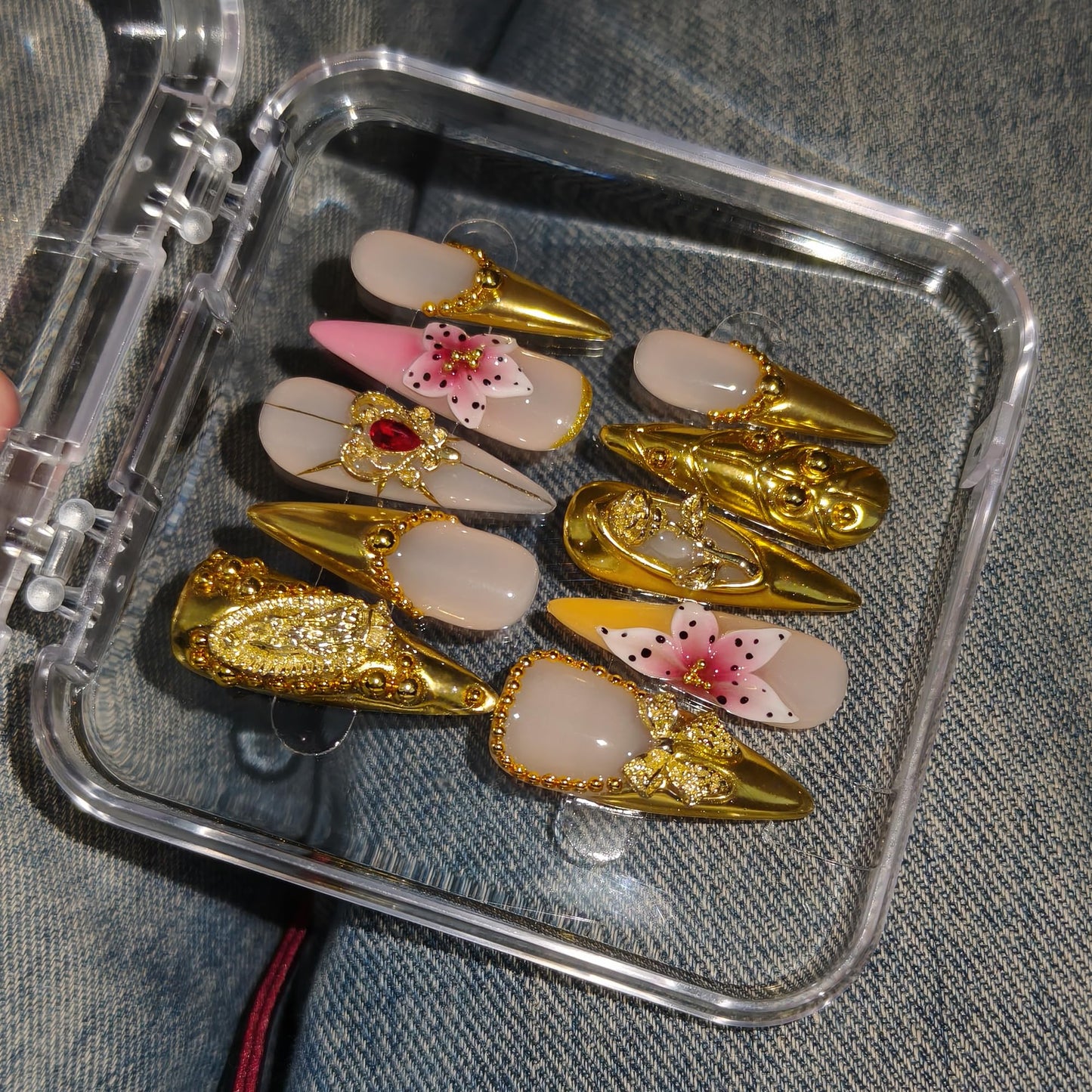 TENPAL Long Stiletto Press on Nails - Gold Baroque with 3D Rose & Saint Charms | Reusable & Icy False Nails | Royal Gala Style for Grand Events(L)