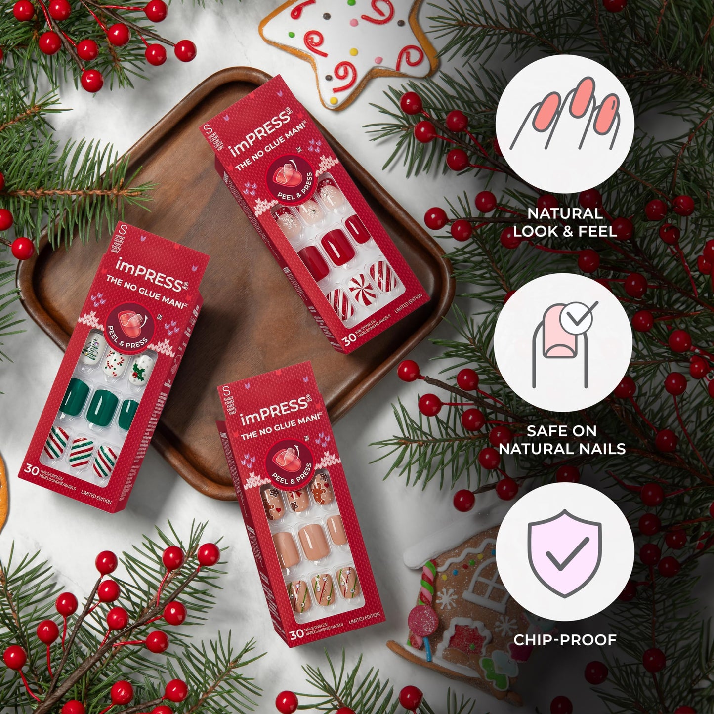 KISS imPRESS Press On Nails Limited Edition Holiday Gift Set #11, 3-Pack, Improved Super Hold Adhesive, 90 Fake Nails, 3 Prep Pads, 3 Mini Nail Files, & 3 Manicure Sticks