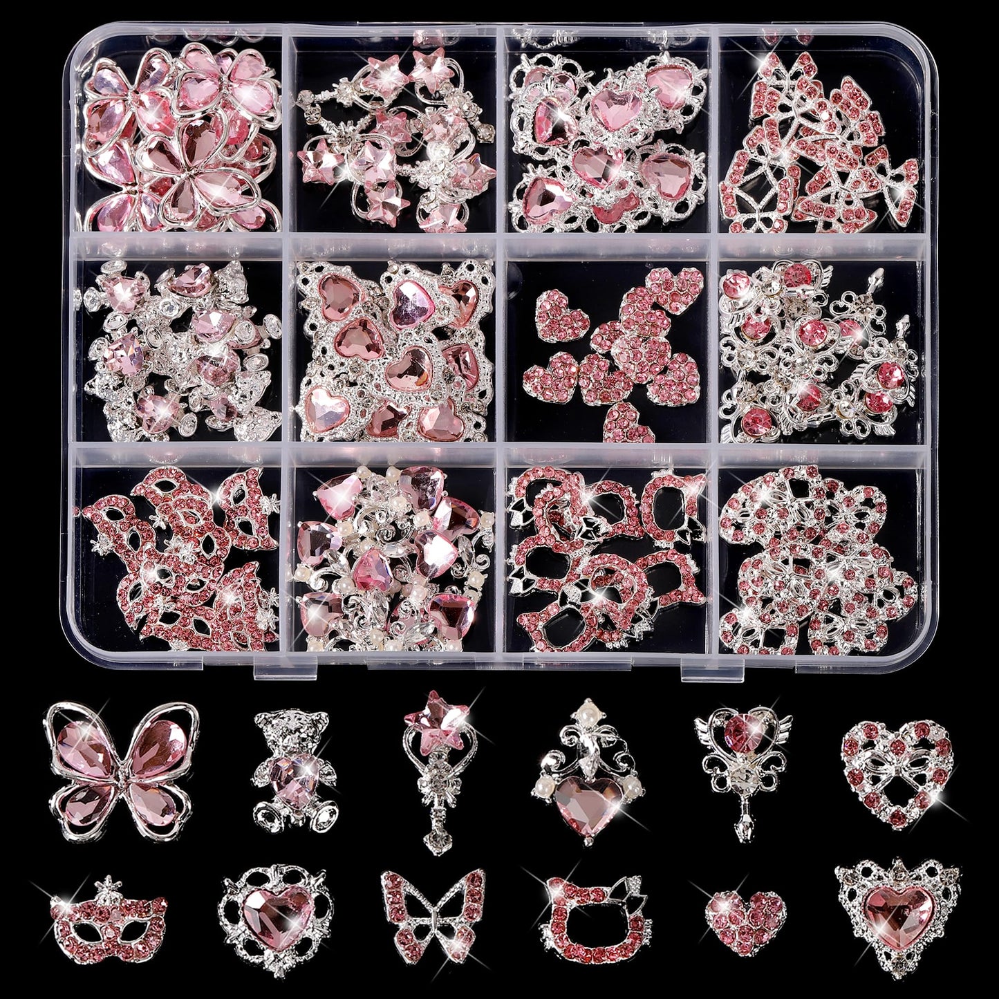 COOSLIM 60 Pcs Heart Nail Charms, Rhinestone Pink Butterflies Nail Art Gems, Star Heart Butterfly Charms Decorations Sailor Moon Acrylic Nail Accessories for Women DIY Crafts 1