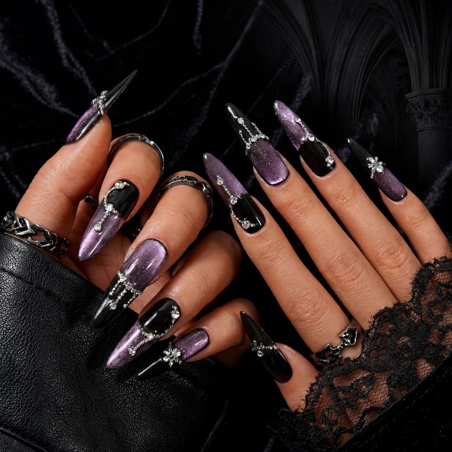 Sethexy Long Stiletto Press on nails Handmade Ombre, Gradient, Rhinstone, Salon Quality Full cover False Nail Tips 10 Pcs with Glue (Black & Purple Ombre)