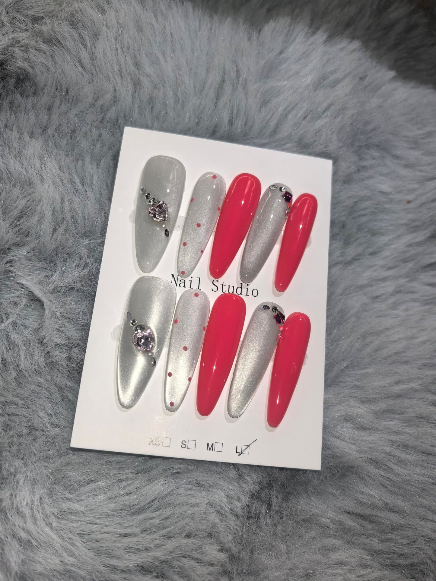 Glam Silver Coral Press On Nails, Heart Rhinestone Embellished Extra Long Stiletto Fake Nails, Reusable Manicure Set (M)