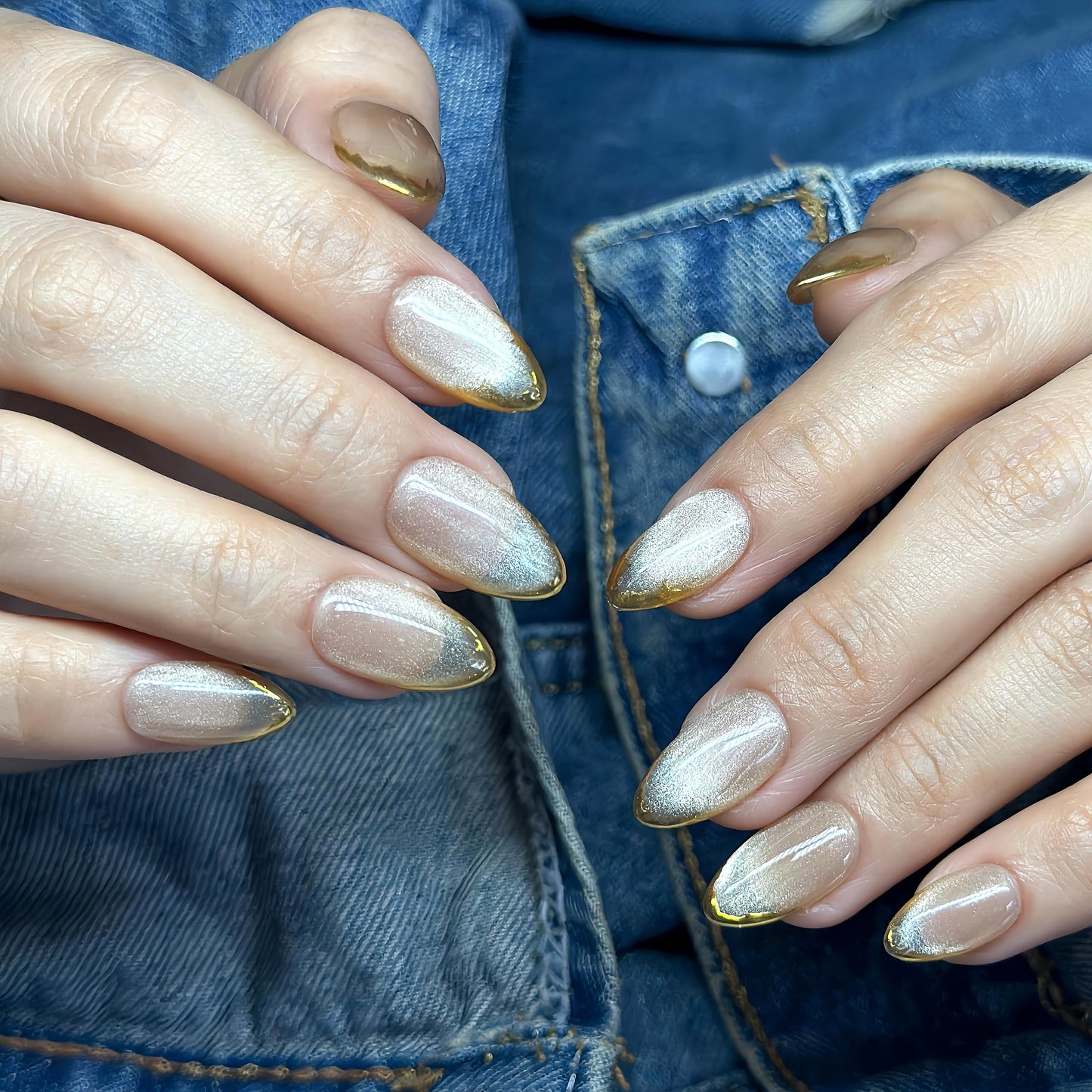 Sunruby Press On Nails Short Almond Iridescent Nude-Cat Eye with Gold Glitter French Tip | Reusable Soft Gel Nails in 12 Sizes 24 Nail Kit with Glue | Designed in L.A, Handmade in Vietnam | Golden Eye