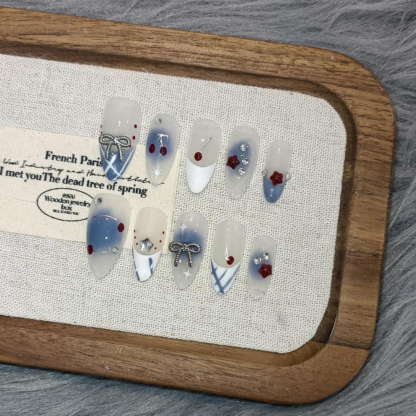 TENPAL Light Blue White French Press on Nails Medium Almond with 3D Charms Bow Rhinestone Cherry,10Pcs Sweet Girls Summer with Full Kit(L)