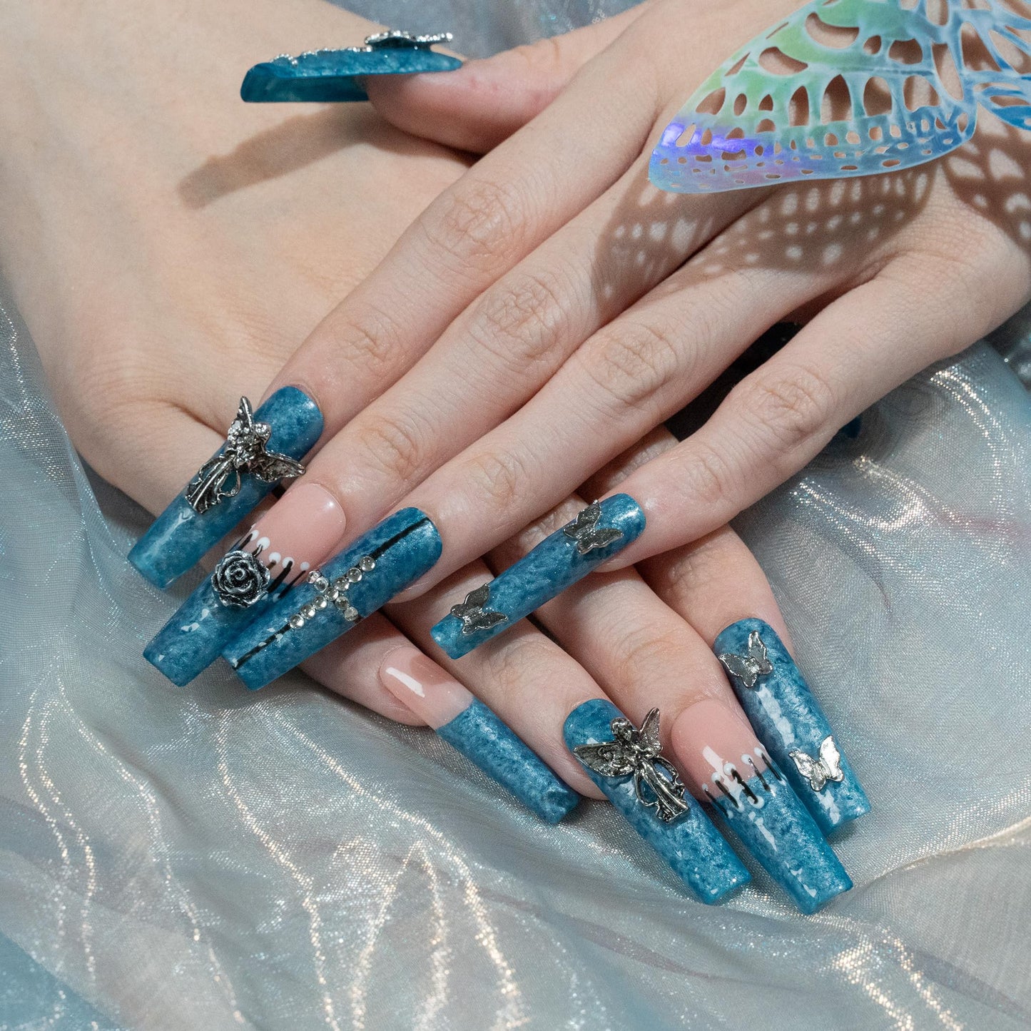 Sun&Beam Nails Handmade Press-on Long Coffin Ballerina Blue Nude Beige Y2K Glam 3D Design Fashion False Nail Tips 10 Pcs Set (#269 M)