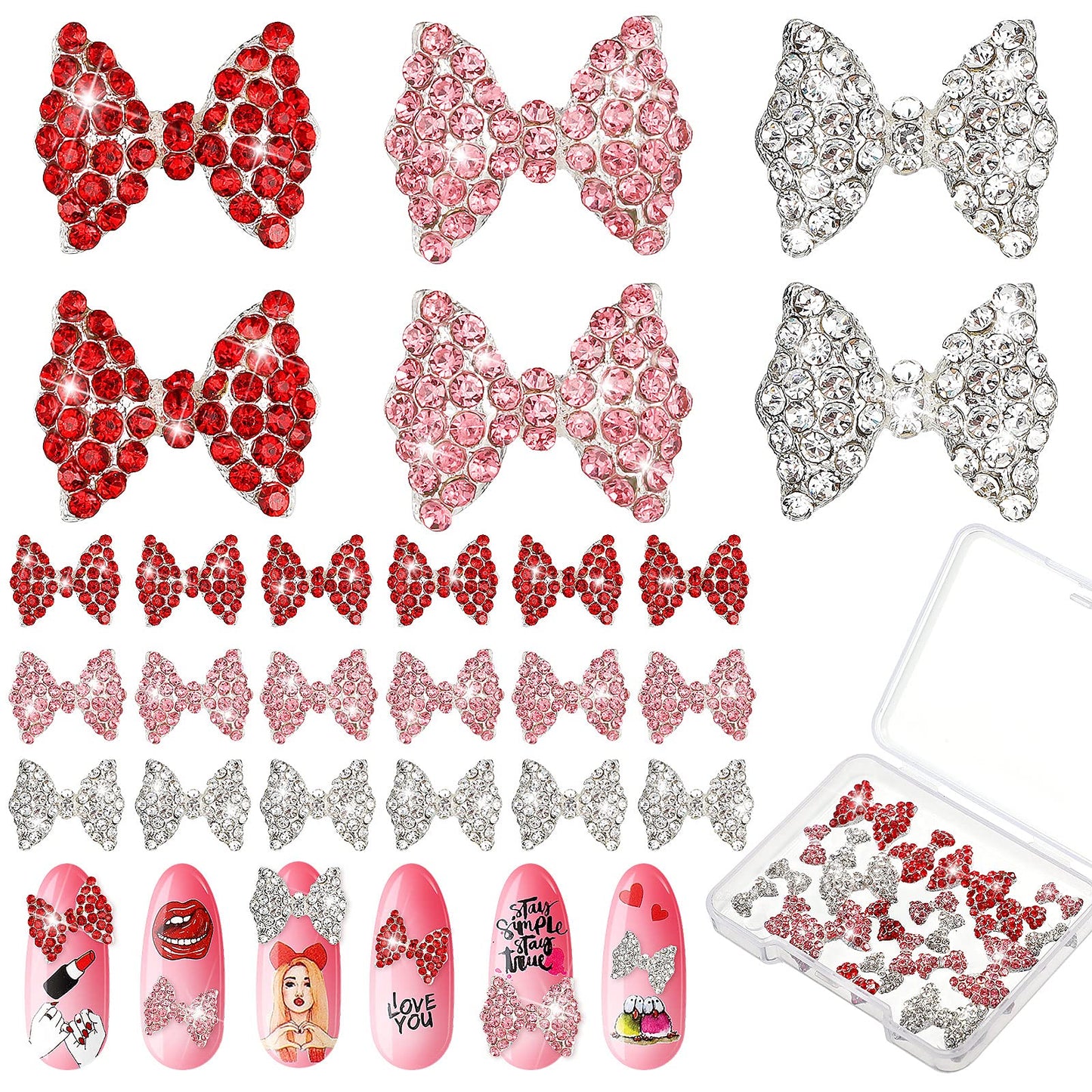 Maitys 24 Pieces Nail Bows Charms Rhinestones 3D Charms Alloy Pearl Bow Knot Accessory for Valentine's Day Women DIY Xmas Salon Jewelry Craft(Red, Gold, Rose Red)