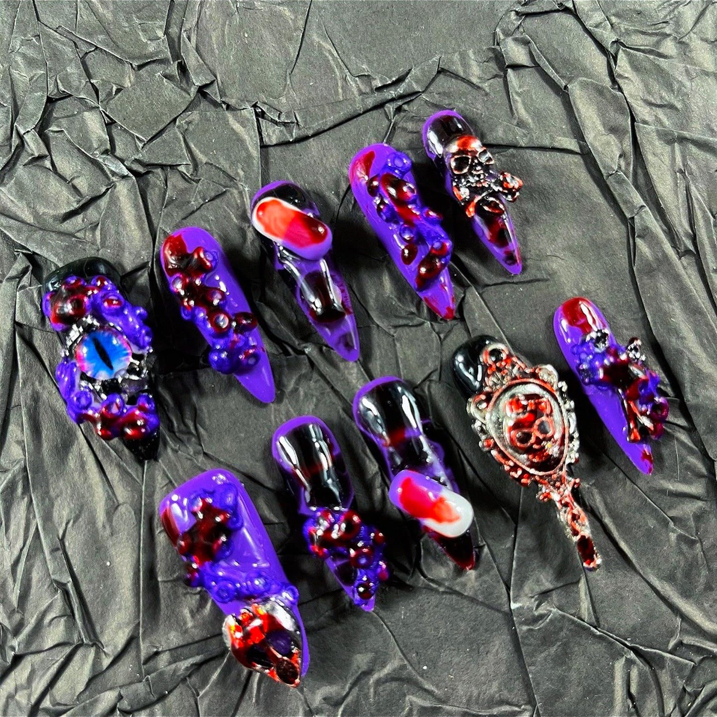 Press on Nails Handmade Nails 10Pcs Blood Style Hand Carved Purple Eyes Manual Press on Nails for Women Party Holiday Photo 33mm Long Size L