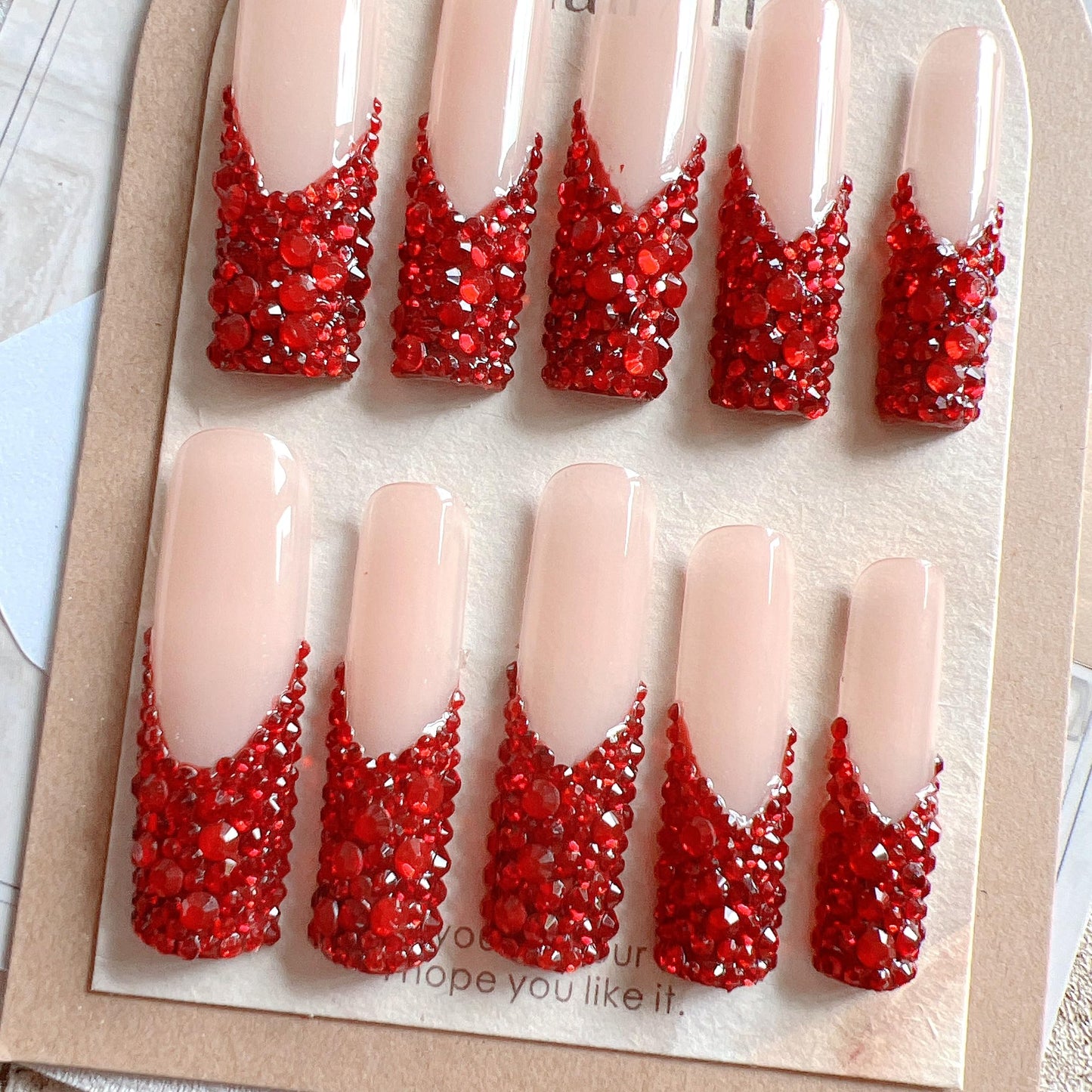 NAIL ANGEL 10pcs Handmade Press On Nail Tips Red Rhinestone French XXL Long Coffin Types Artifical Nails Party Nails Glitter Rhinestones ZJ-02(S)