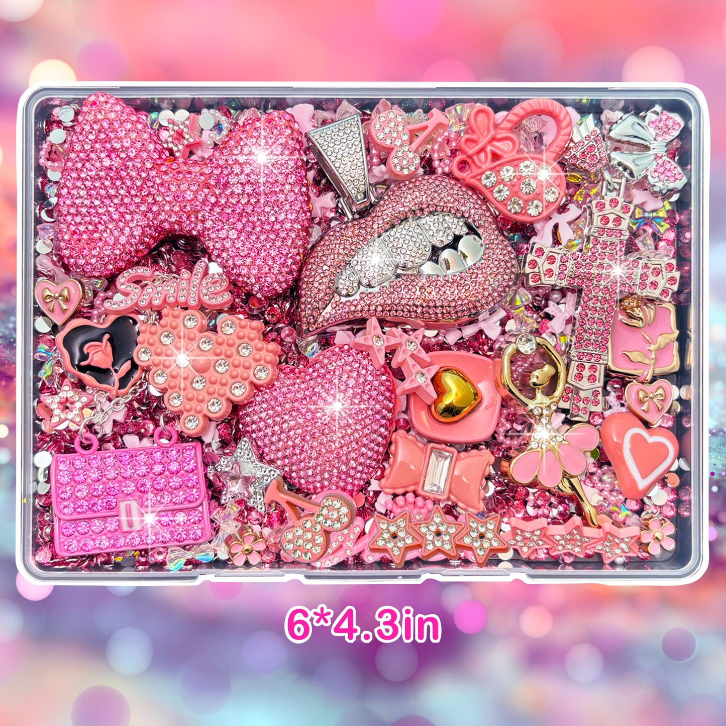 Junk Case Charms Kit, Pink Junks Phones Cases 3D Rhinestone Cool teeth and lips And Bows Chain Bags Hearts And Cross Flowers And Other Bedazzling Kits Can Be Used In DIY Phone Case Designs