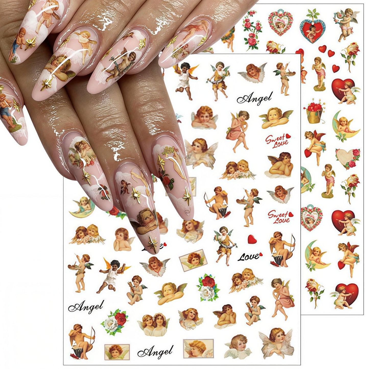 8 Sheets Angel Nail Art Stickers 3D Self-Adhesive Rose Flowers Nail Stickers Decals Cupid Love Heart Wings Nail Art Design Stickers Valentine's for Women Acrylic DIY Manicure Decorations