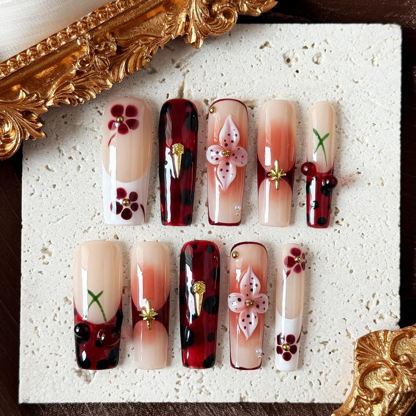 Rouge Sonata 10pcs Press On Nails for Women, Crimson Floral Golden Accent Acrylic UV Gel Wearable Nails, Korean Style Wine Red Gradient Cherry Blossom Fake Nails Set (Dark red, S)