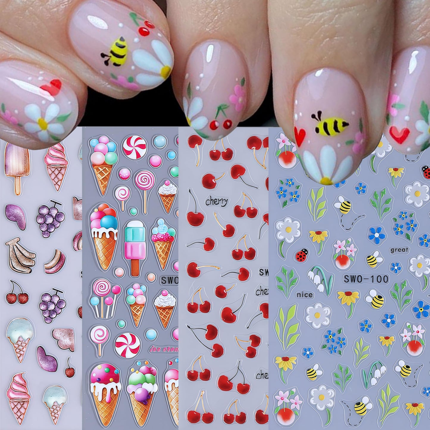4 Sheets Flower Bee Stickers for Nail Art Spring Summer Floral Nail Art Stickers 5D Embossed Self-Adhesive Nail Decals Green Leaf Cherry Fruit Pattern Nail Design Candy Ice Cream Nails Decor for Women