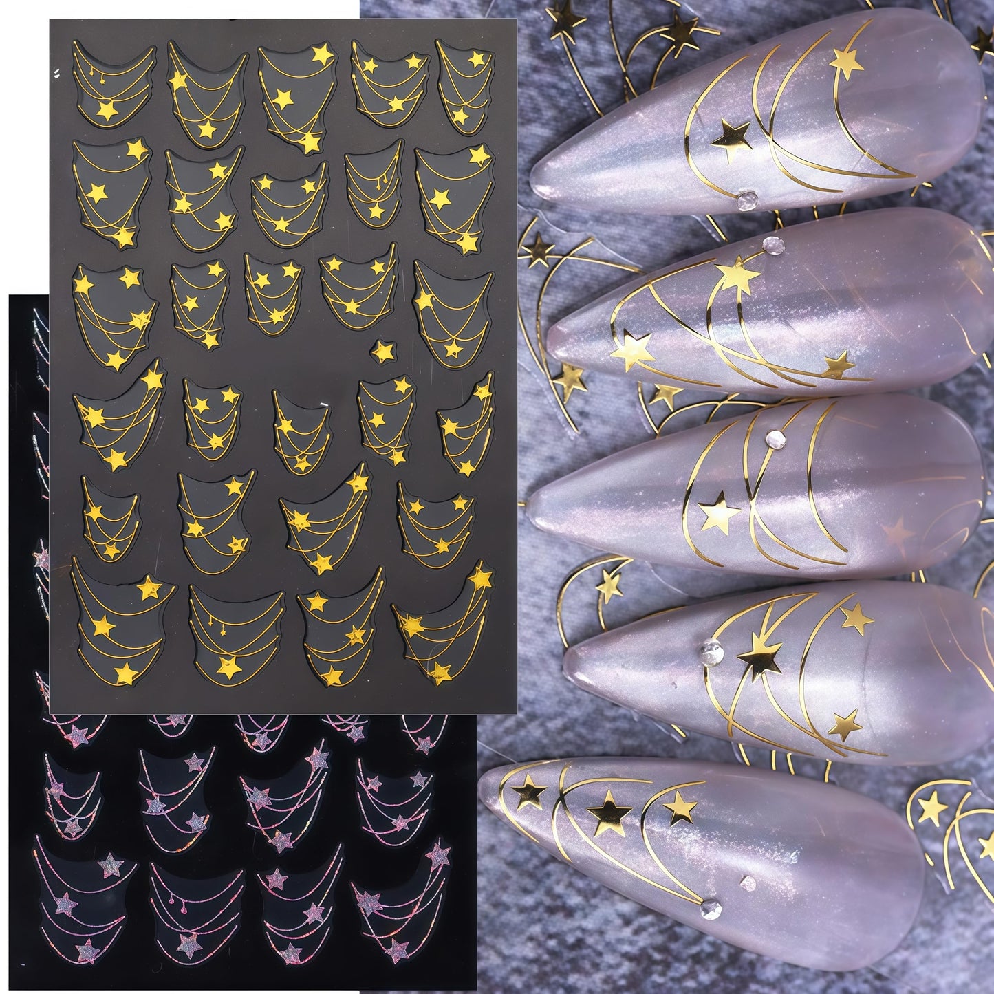 6 Sheets French Tip Line Nail Art Stickers 3D Self-Adhesive Gold Laser Silver Star French Stripe Nail Stickers Necklace Star Nail Decals French Curve Line Nail Supplies for Women DIY Nails Decoration