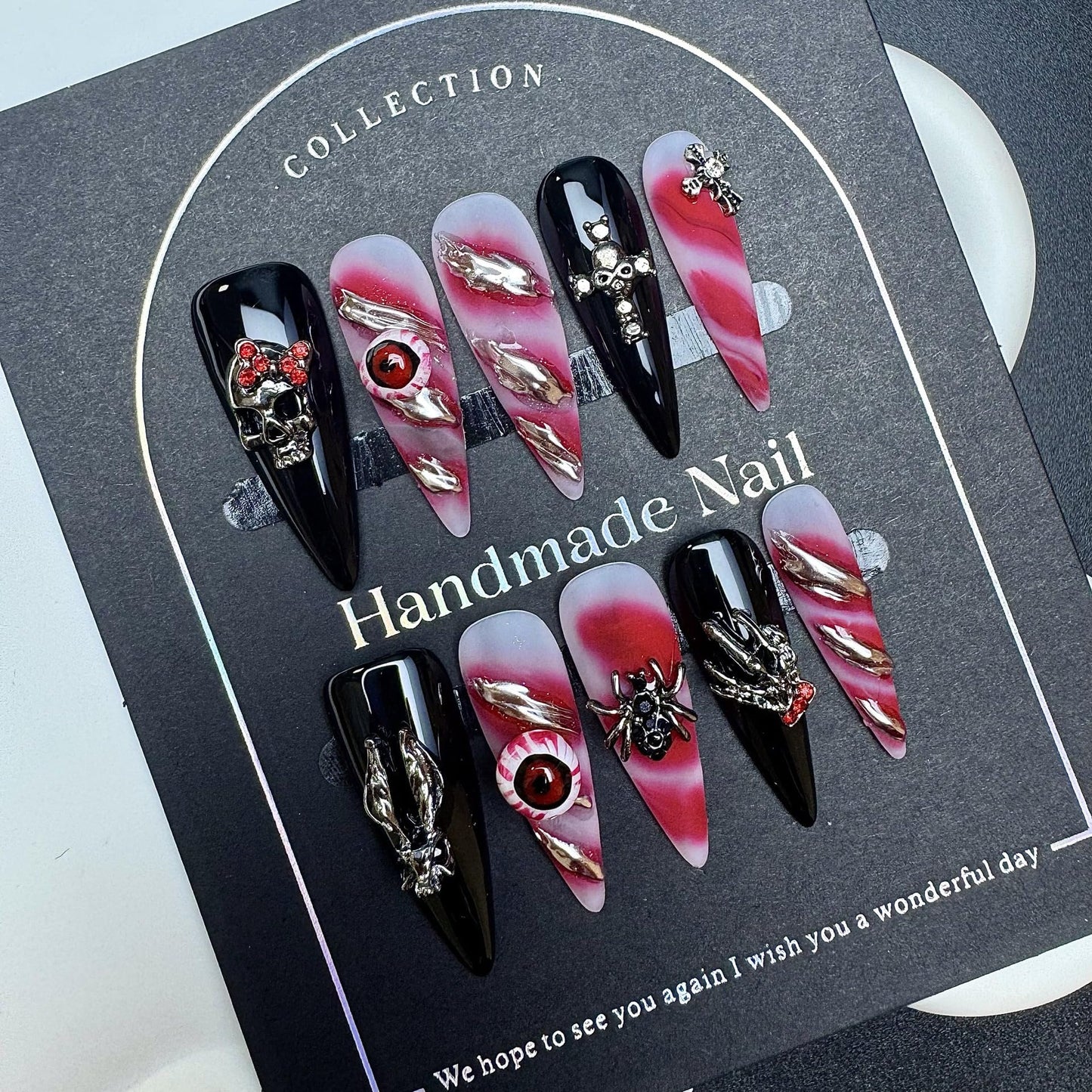 100% 5D Handmade Press on Nails Halloween Nails Balck Long Stiletto Nails Press ons Gothic False Nails with Skeleton Evil Eye Spider Charms Fake Nails for Women Girls Daily Wear DIY Manicure Size L