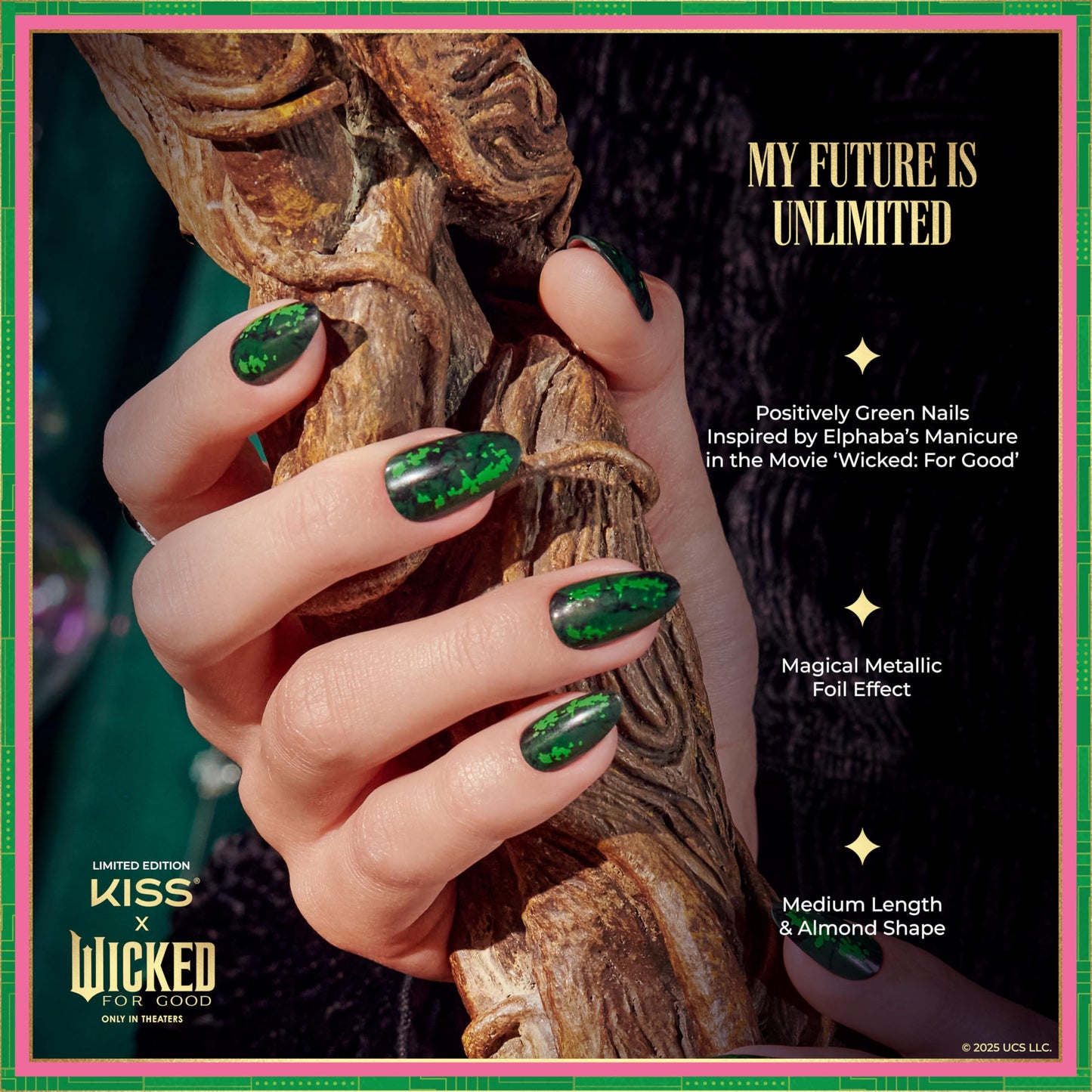 KISS X WICKED: FOR GOOD Press On Nails Almond, ‘My Future Is Unlimited’, Green, Medium, Waterproof, Chip Proof, Smudge Proof, 28 Fake Nails, Pink Gel Nail Glue (2g), Mini Nail File, & Manicure Stick